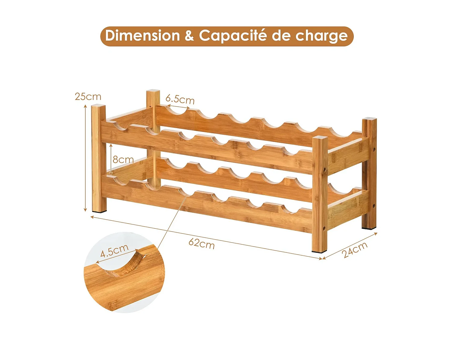 Casier à vin de 12 bouteilles, stockage du vin en bambou à 2 niveaux, 62x24x25 cm