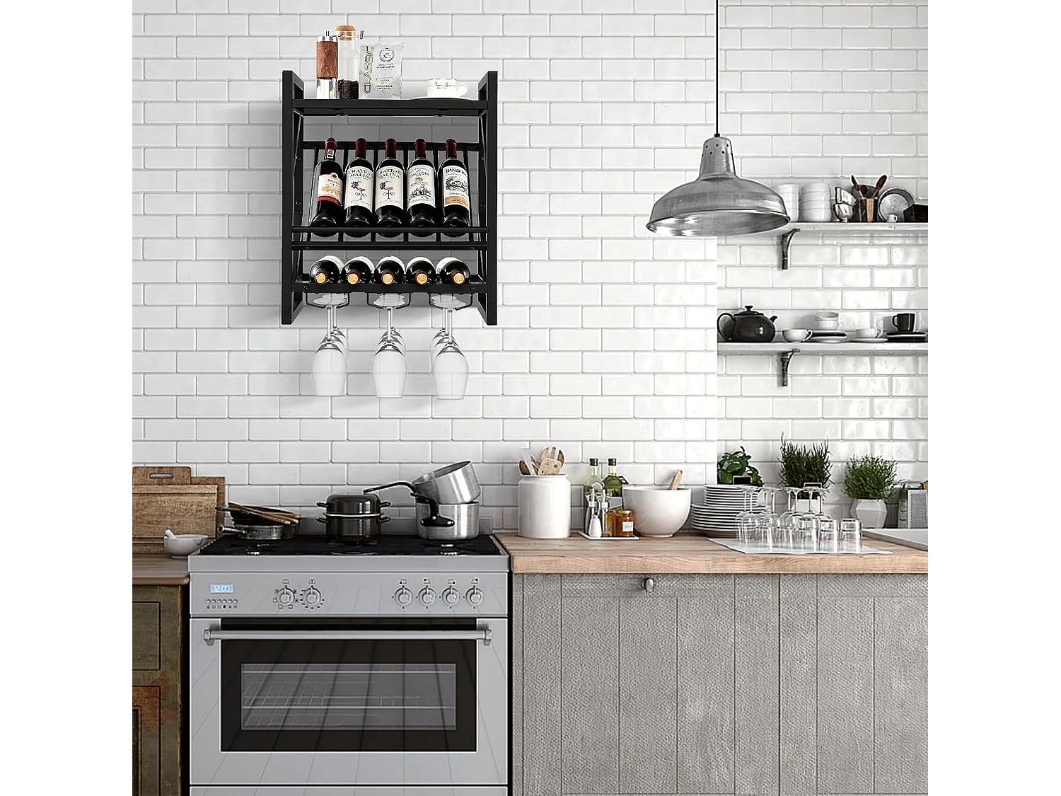 Porte-bouteilles mural industriel,porte-bouteilles 2 niveaux et 3 rangées de porte-verres