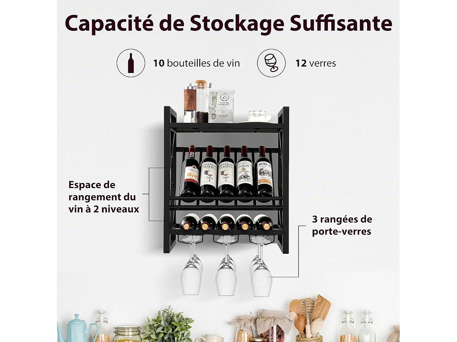 Porte-bouteilles mural industriel,porte-bouteilles 2 niveaux et 3 rangées de porte-verres