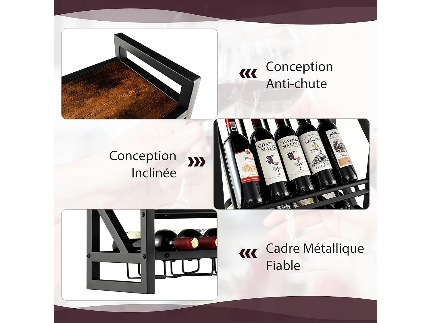 Porte-bouteilles mural industriel,porte-bouteilles 2 niveaux et 3 rangées de porte-verres