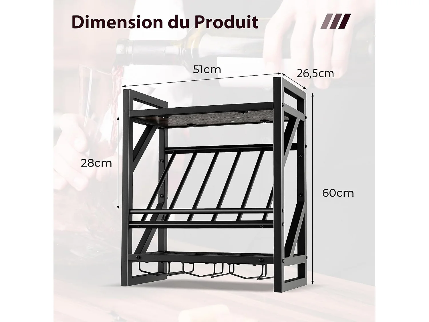 Porte-bouteilles mural industriel,porte-bouteilles 2 niveaux et 3 rangées de porte-verres