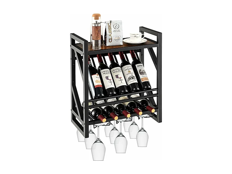 Porte-bouteilles mural industriel,porte-bouteilles 2 niveaux et 3 rangées de porte-verres