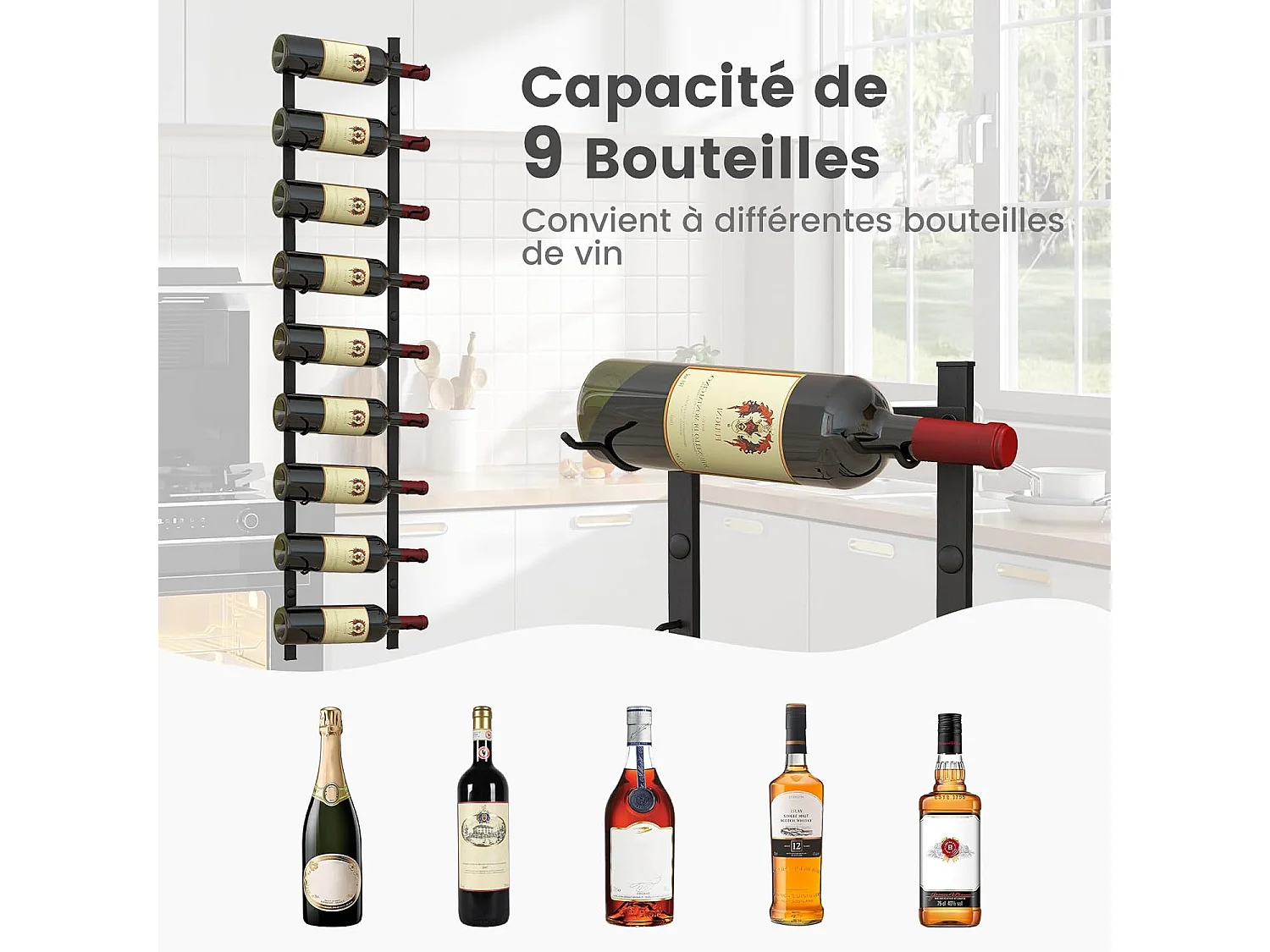 Porte bouteille mural, étagère à vin en métal pour 9 bouteilles, noir