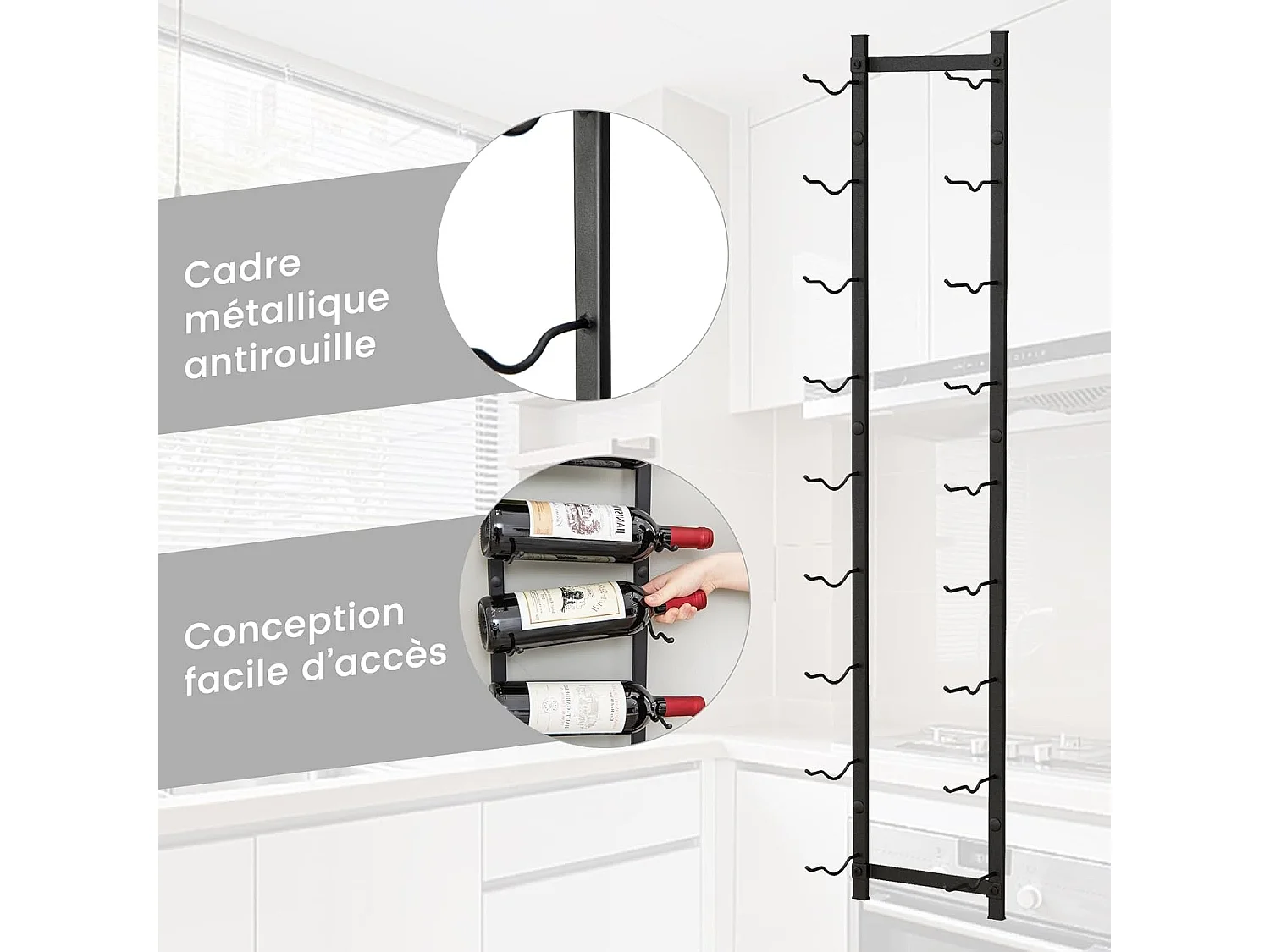 Porte bouteille mural, étagère à vin en métal pour 9 bouteilles, noir