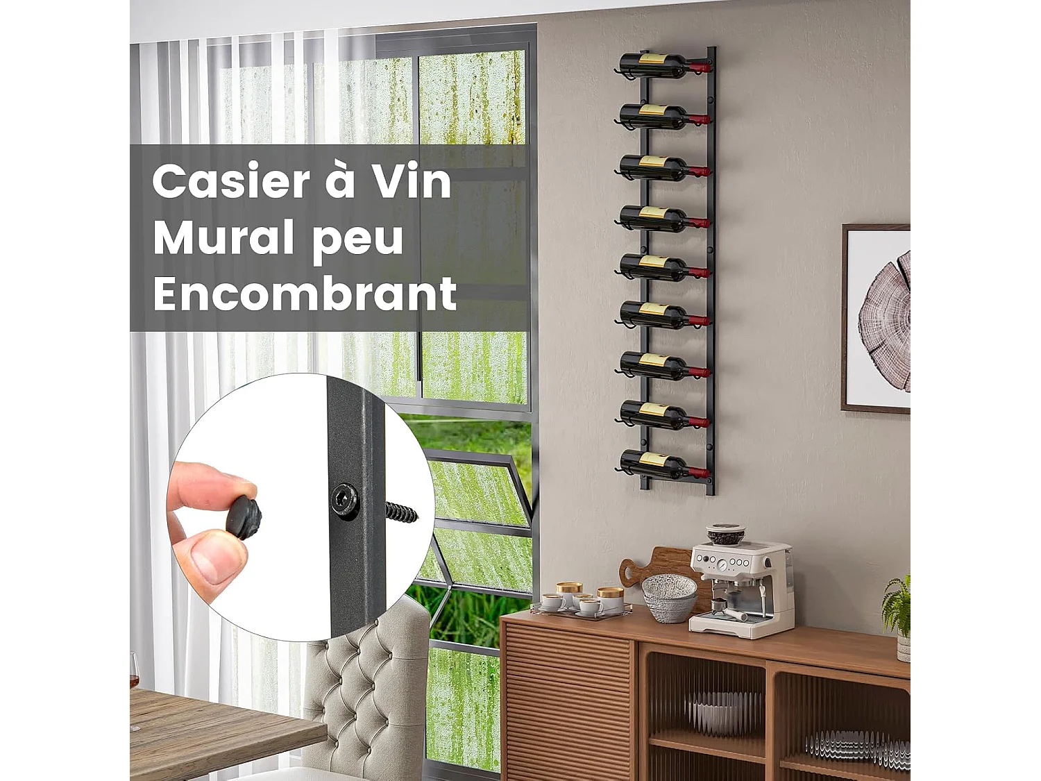 Porte bouteille mural, étagère à vin en métal pour 9 bouteilles, noir