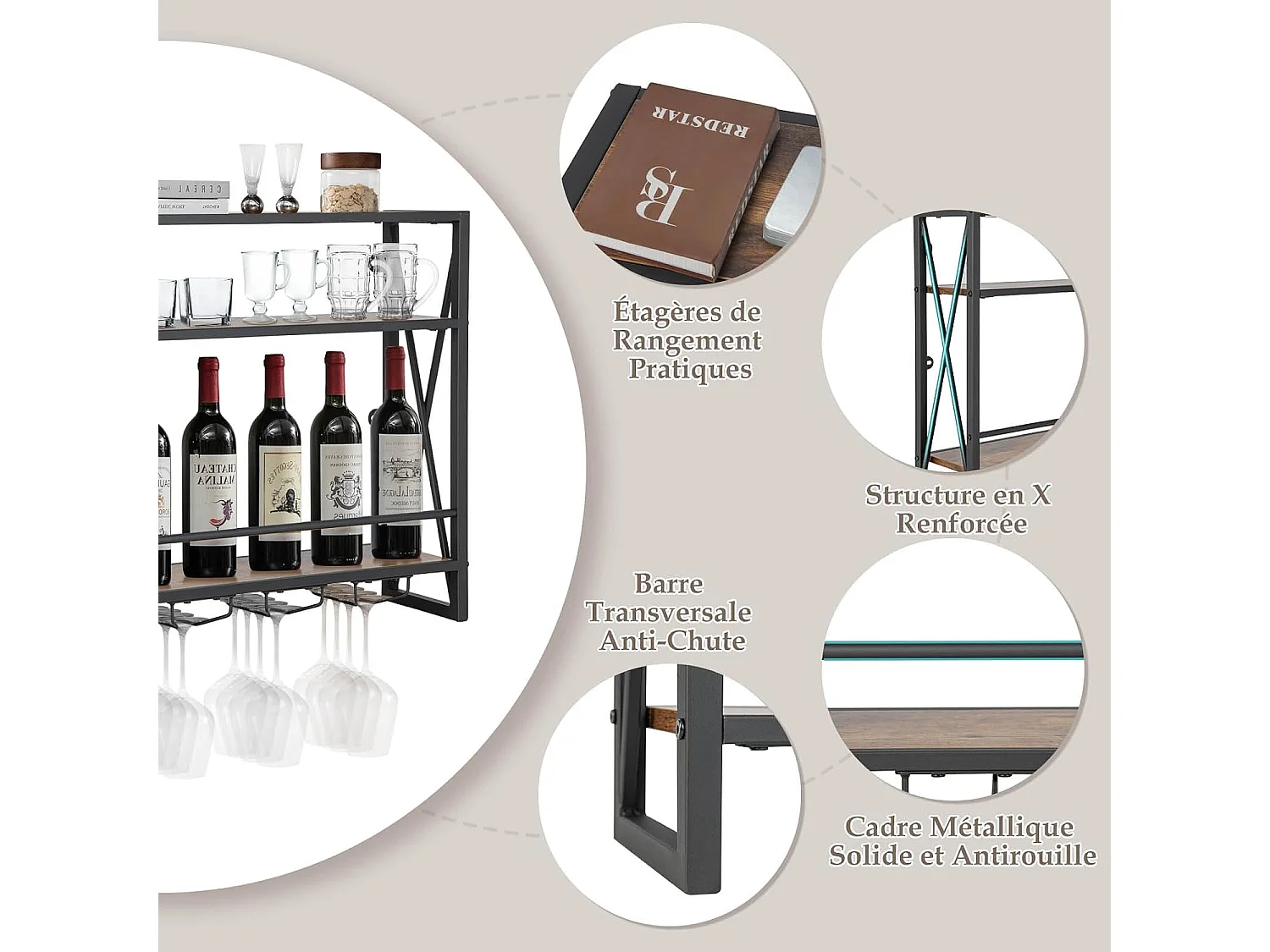 Casier à bouteilles mural industriel, étagère de rangement à 3 niveaux, 20 x 80 x 63 cm