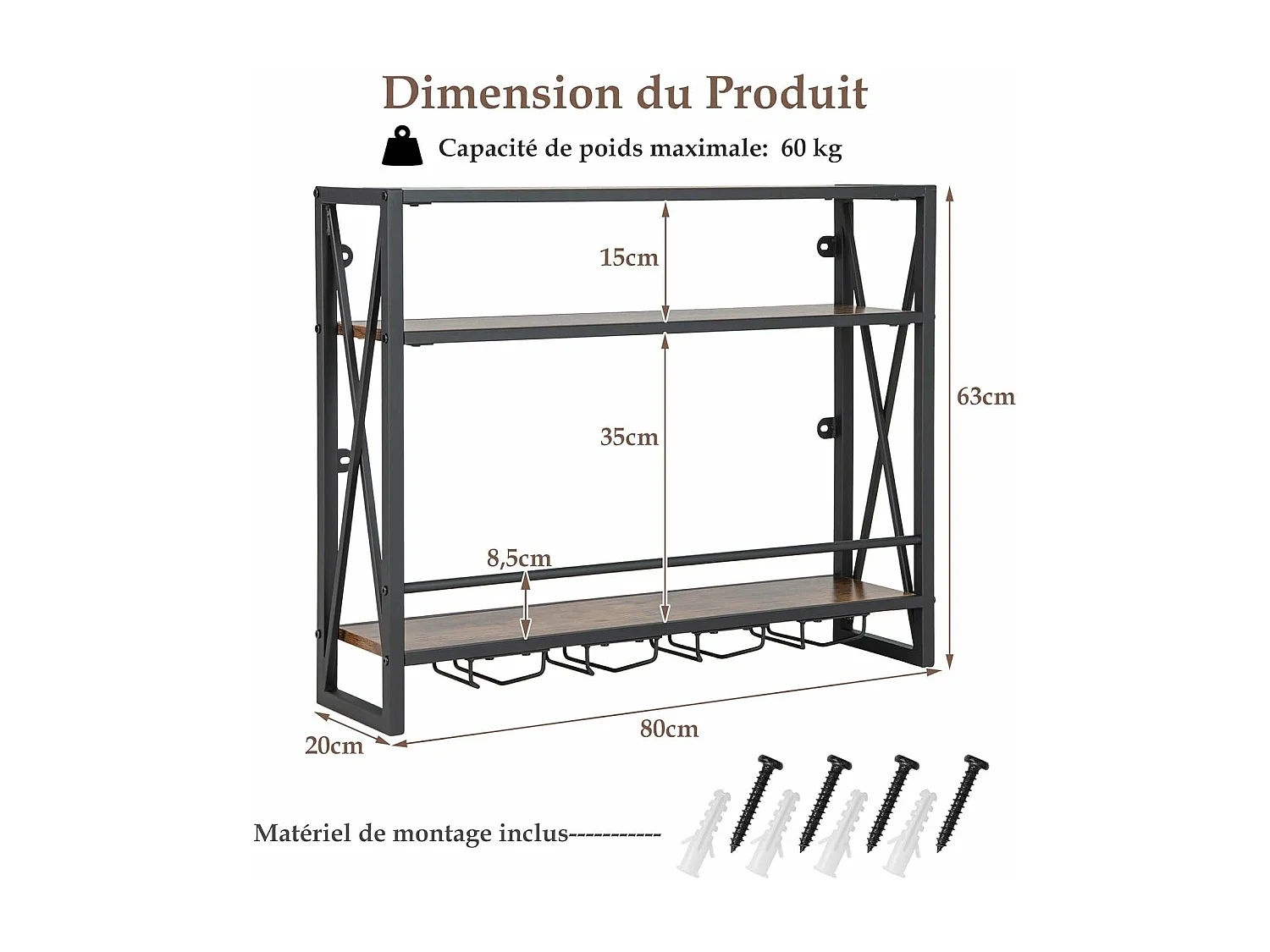 Casier à bouteilles mural industriel, étagère de rangement à 3 niveaux, 20 x 80 x 63 cm