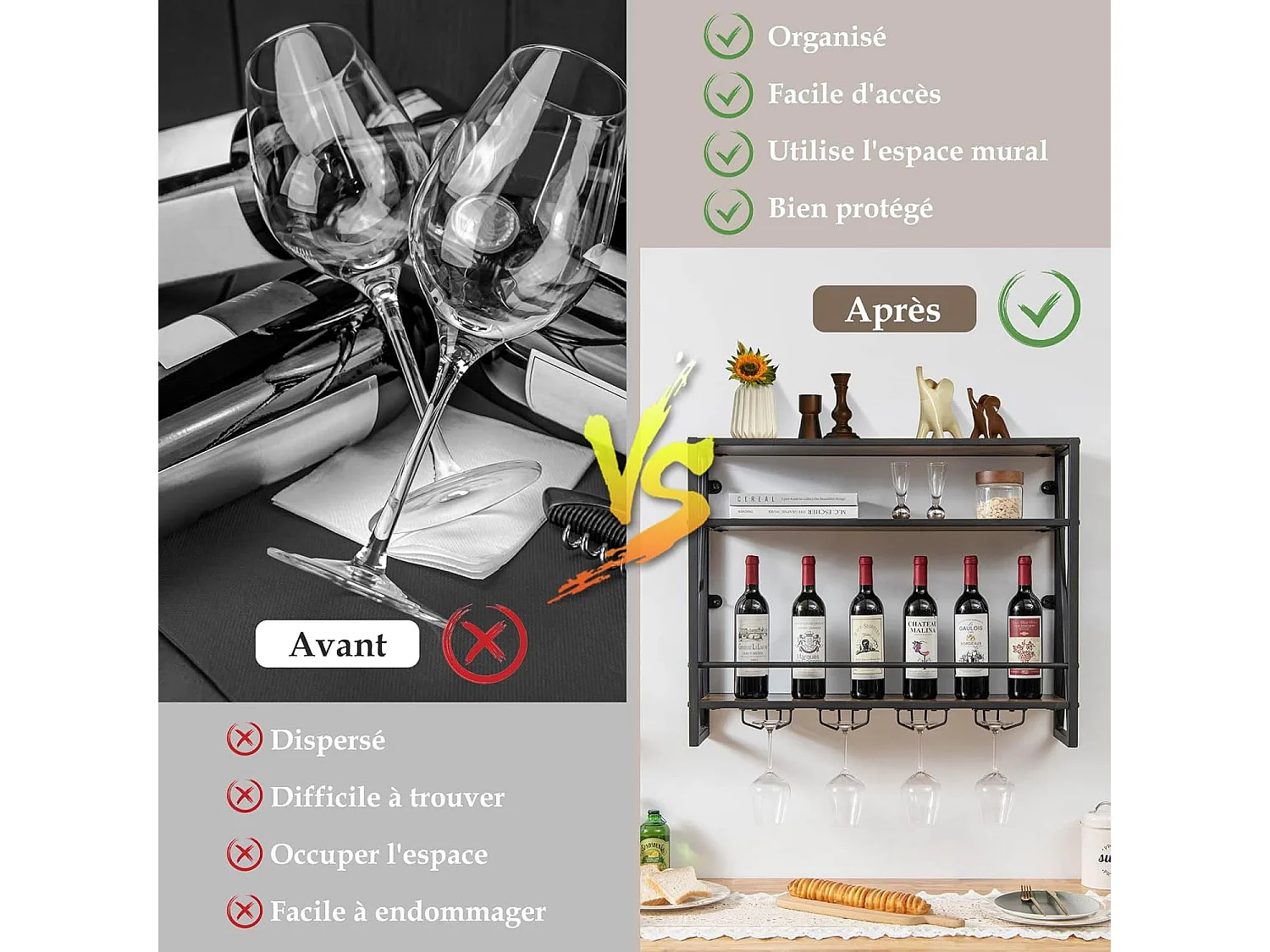 Casier à bouteilles mural industriel, étagère de rangement à 3 niveaux, 20 x 80 x 63 cm