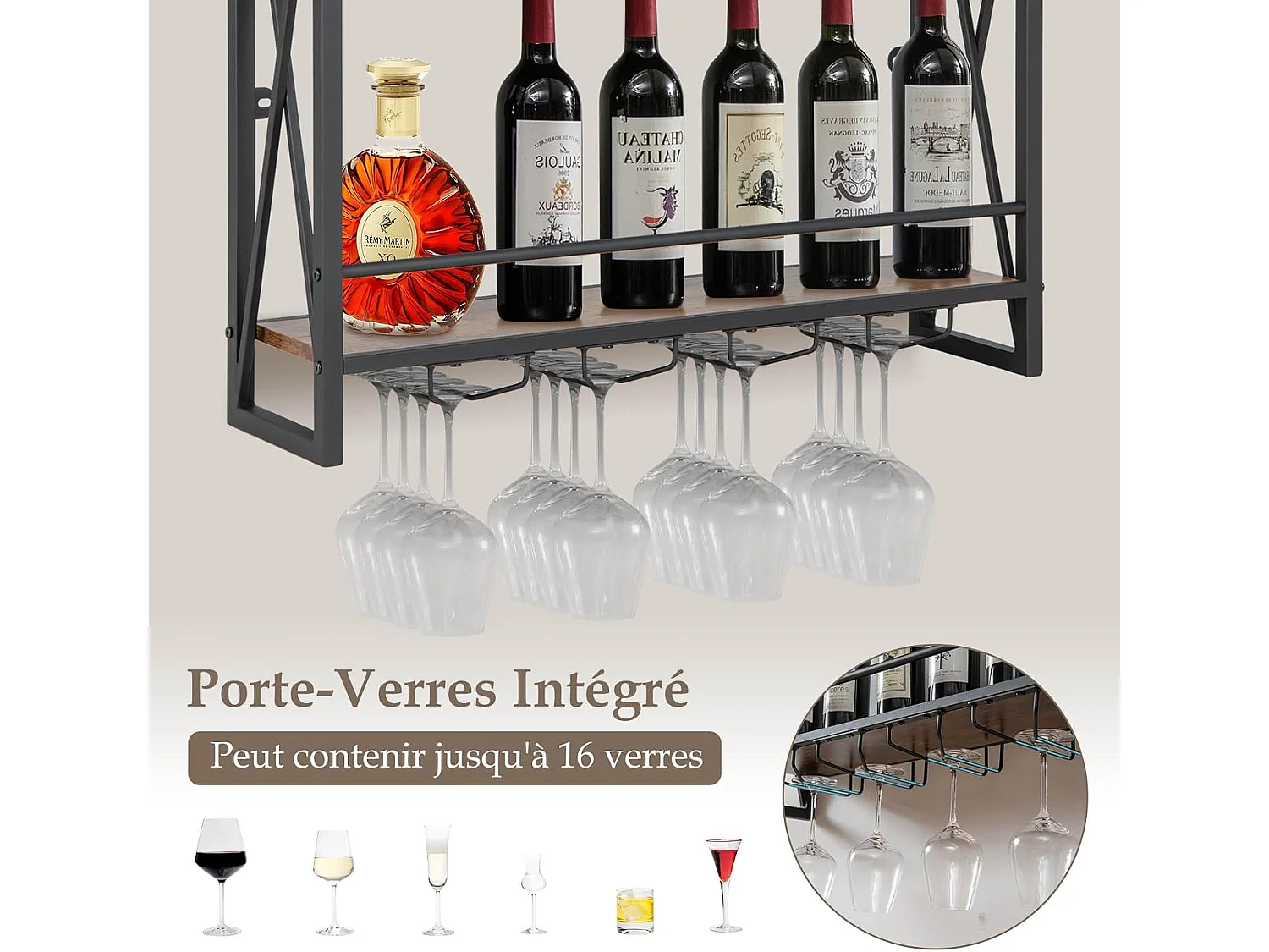 Casier à bouteilles mural industriel, étagère de rangement à 3 niveaux, 20 x 80 x 63 cm