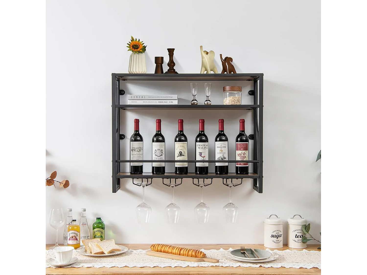 Casier à bouteilles mural industriel, étagère de rangement à 3 niveaux, 20 x 80 x 63 cm