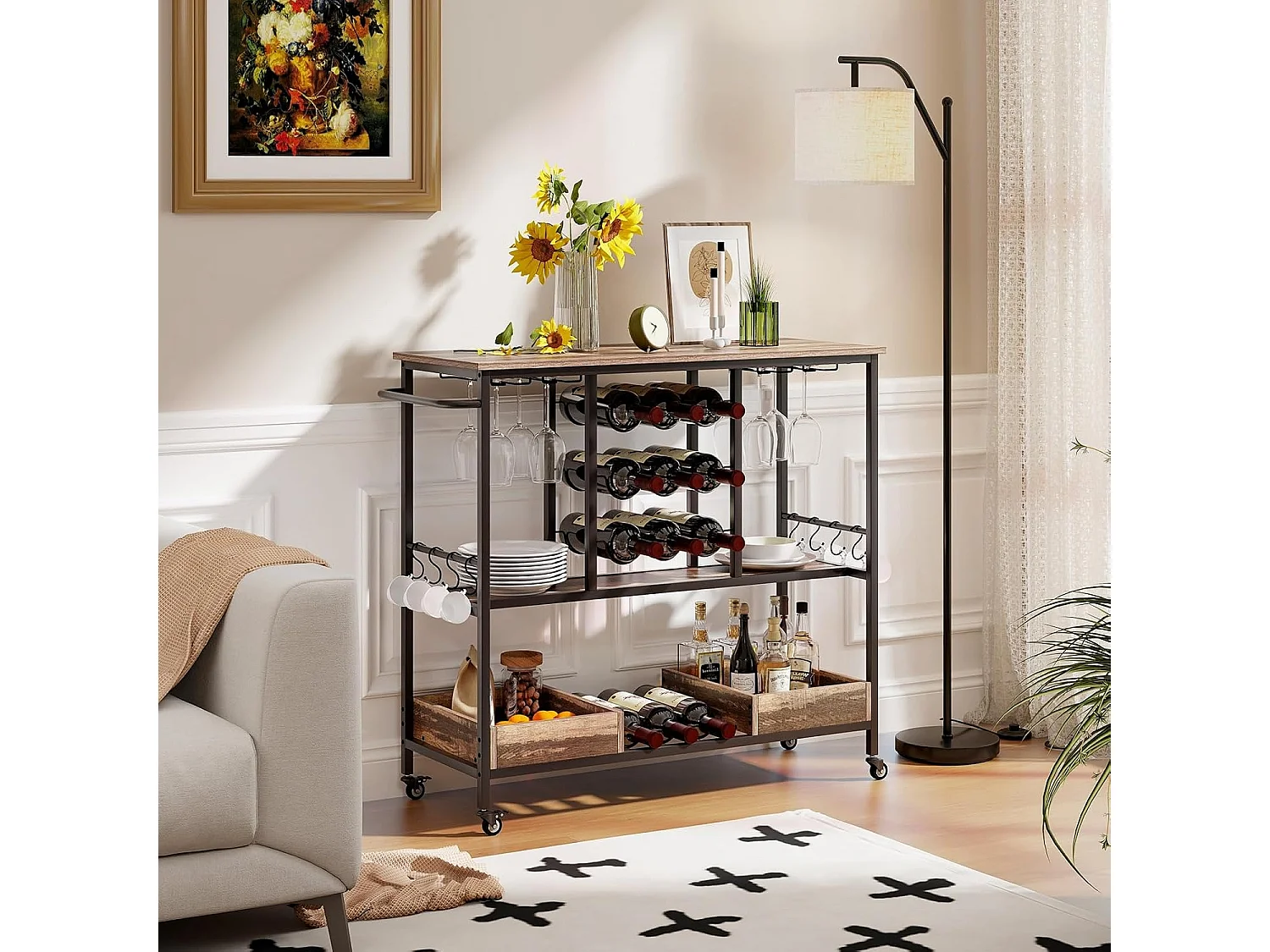 Chariot de bar 3 niveaux, desserte à roulettes, chariot à boissons (marron rustique)