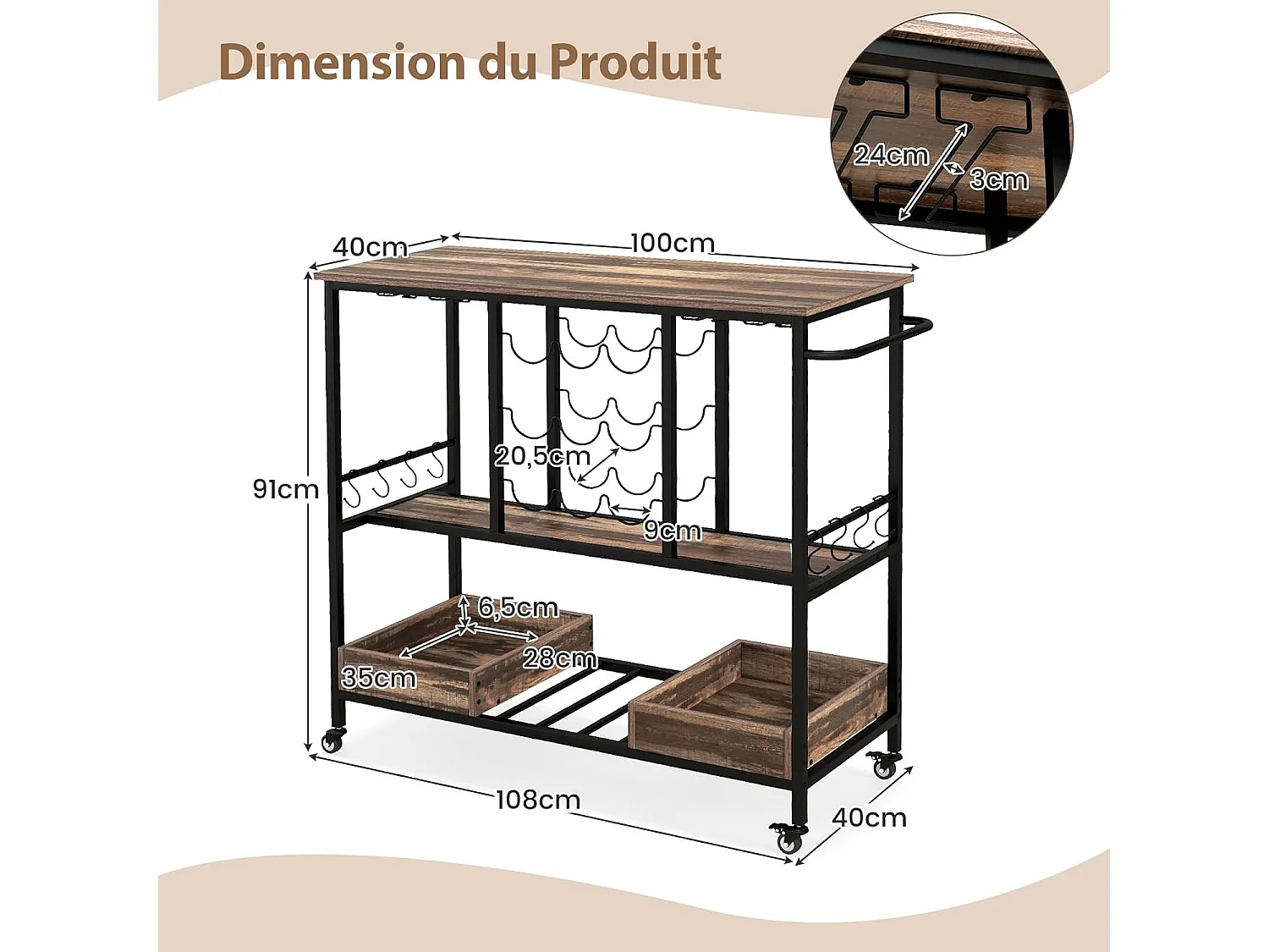 Chariot de bar 3 niveaux, desserte à roulettes, chariot à boissons (marron rustique)