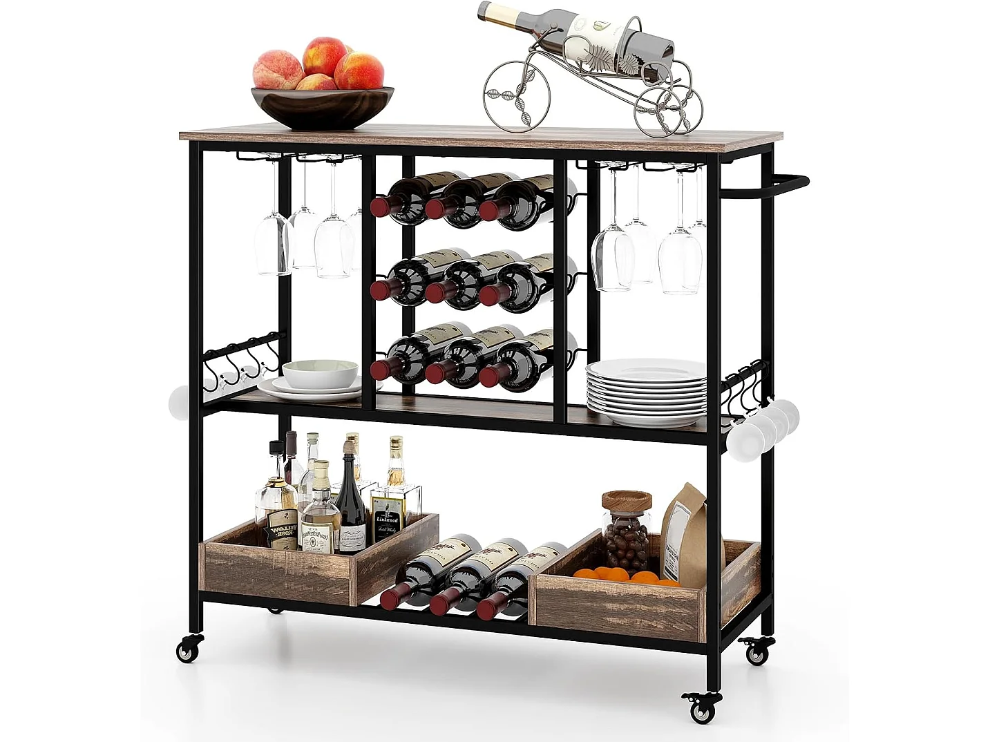 Chariot de bar 3 niveaux, desserte à roulettes, chariot à boissons (marron rustique)