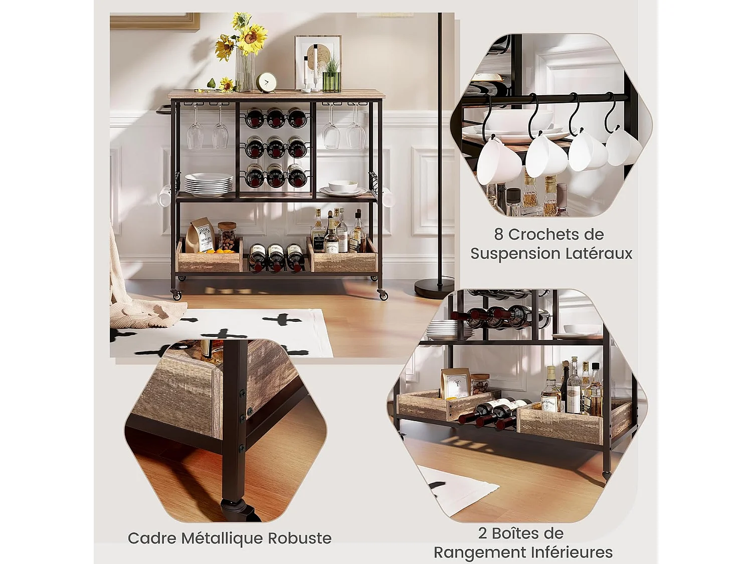 Chariot de bar 3 niveaux, desserte à roulettes, chariot à boissons (marron rustique)