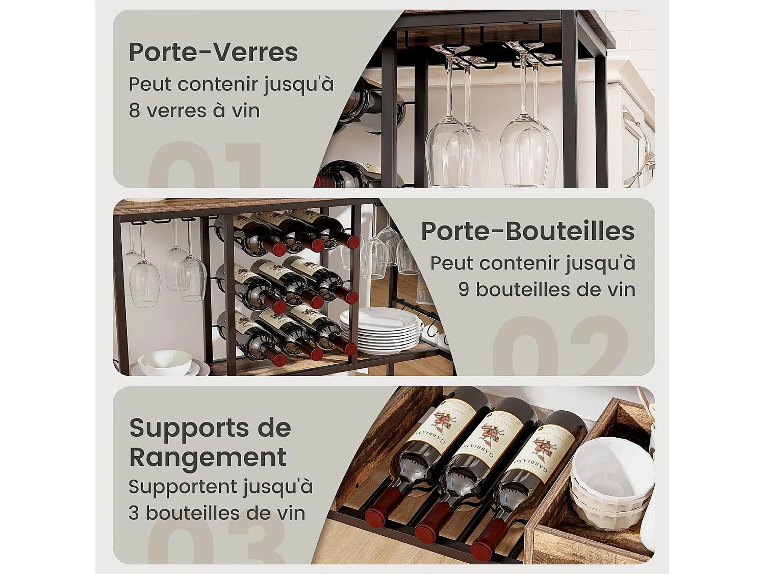 Chariot de bar 3 niveaux, desserte à roulettes, chariot à boissons (marron rustique)