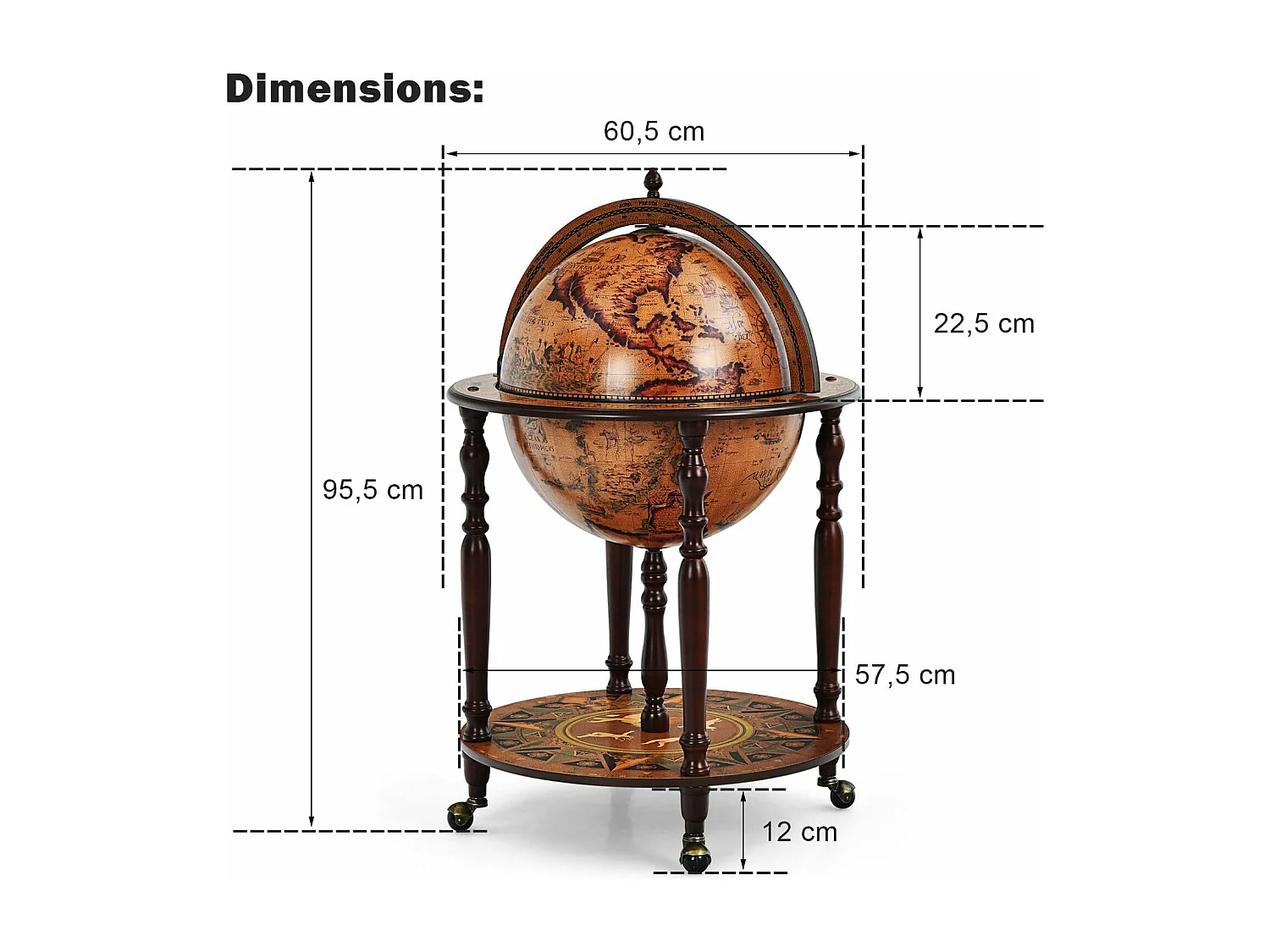 Bar globe cartographie marine du XVIe siècle, Globe Porte-Bouteilles 45cm Mobile en Bois avec 4 roulettes et Style Rétro, Marron