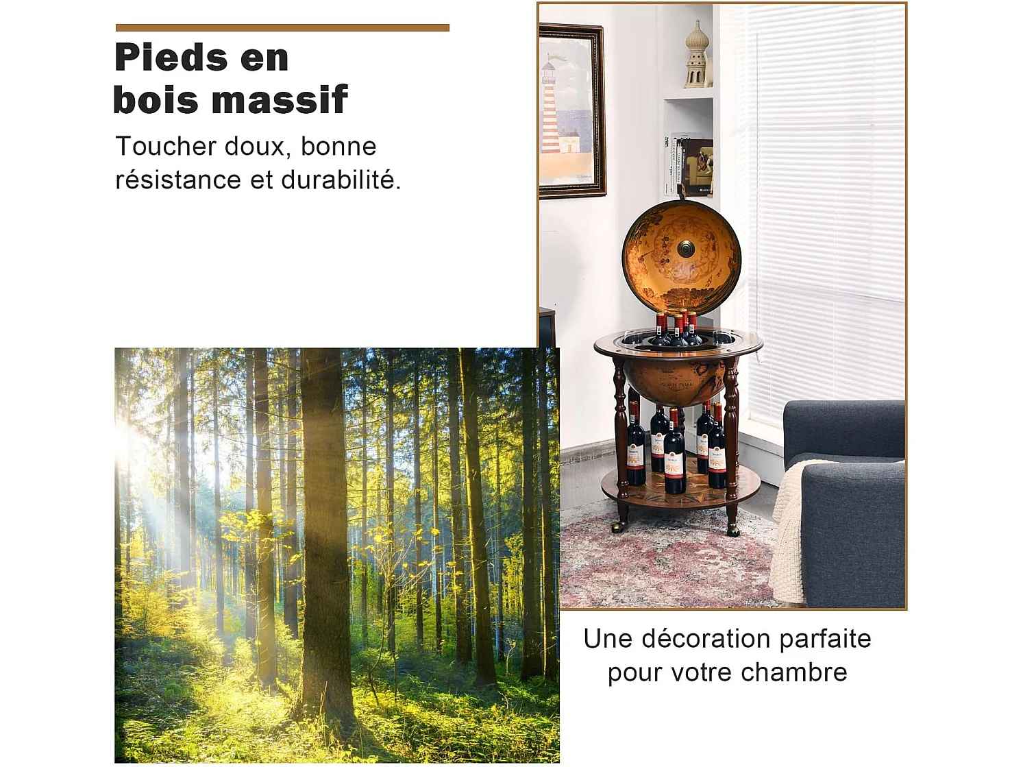 Bar globe cartographie marine du XVIe siècle, Globe Porte-Bouteilles 45cm Mobile en Bois avec 4 roulettes et Style Rétro, Marron