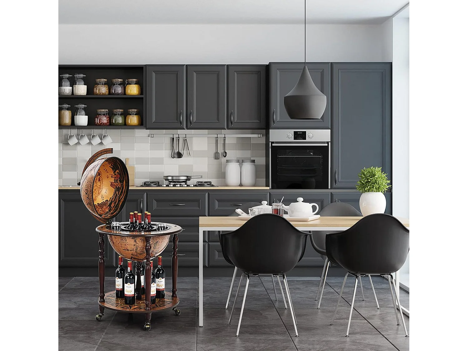 Bar globe cartographie marine du XVIe siècle, Globe Porte-Bouteilles 45cm Mobile en Bois avec 4 roulettes et Style Rétro, Marron