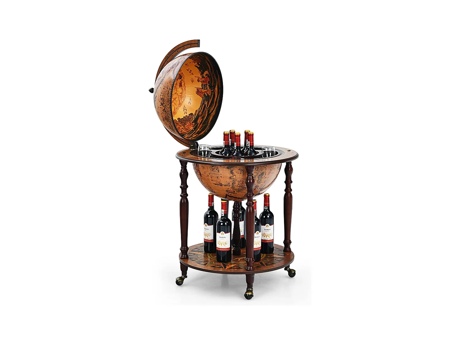 Bar globe cartographie marine du XVIe siècle, Globe Porte-Bouteilles 45cm Mobile en Bois avec 4 roulettes et Style Rétro, Marron