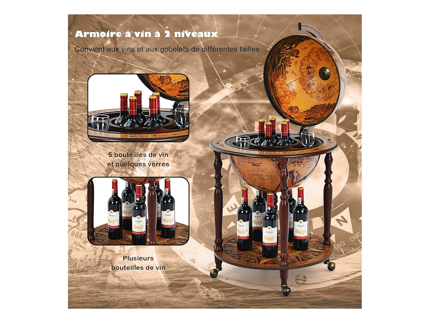 Bar globe cartographie marine du XVIe siècle, Globe Porte-Bouteilles 45cm Mobile en Bois avec 4 roulettes et Style Rétro, Marron