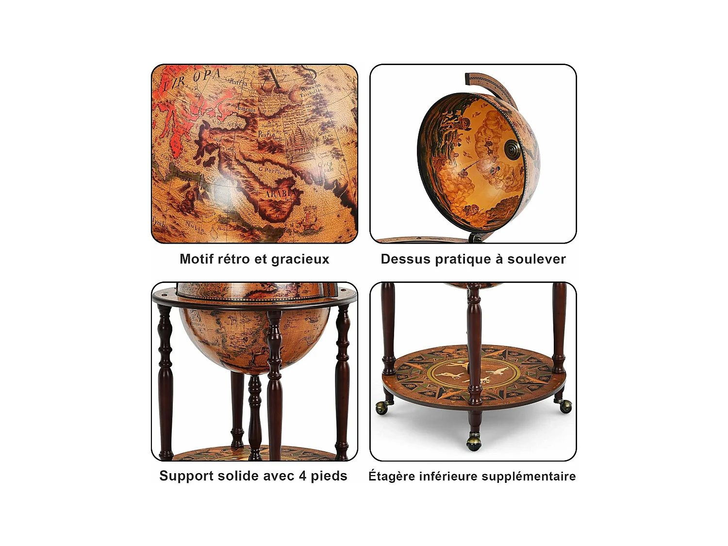 Bar globe cartographie marine du XVIe siècle, Globe Porte-Bouteilles 45cm Mobile en Bois avec 4 roulettes et Style Rétro, Marron