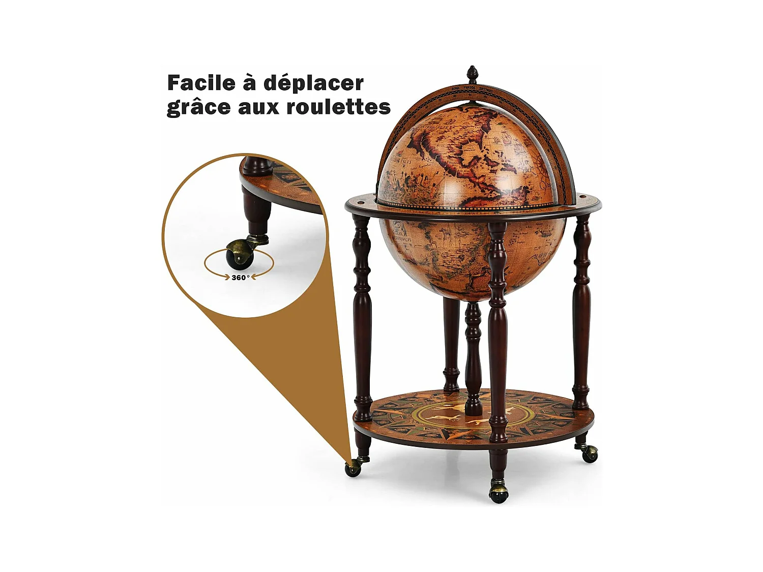 Bar globe cartographie marine du XVIe siècle, Globe Porte-Bouteilles 45cm Mobile en Bois avec 4 roulettes et Style Rétro, Marron