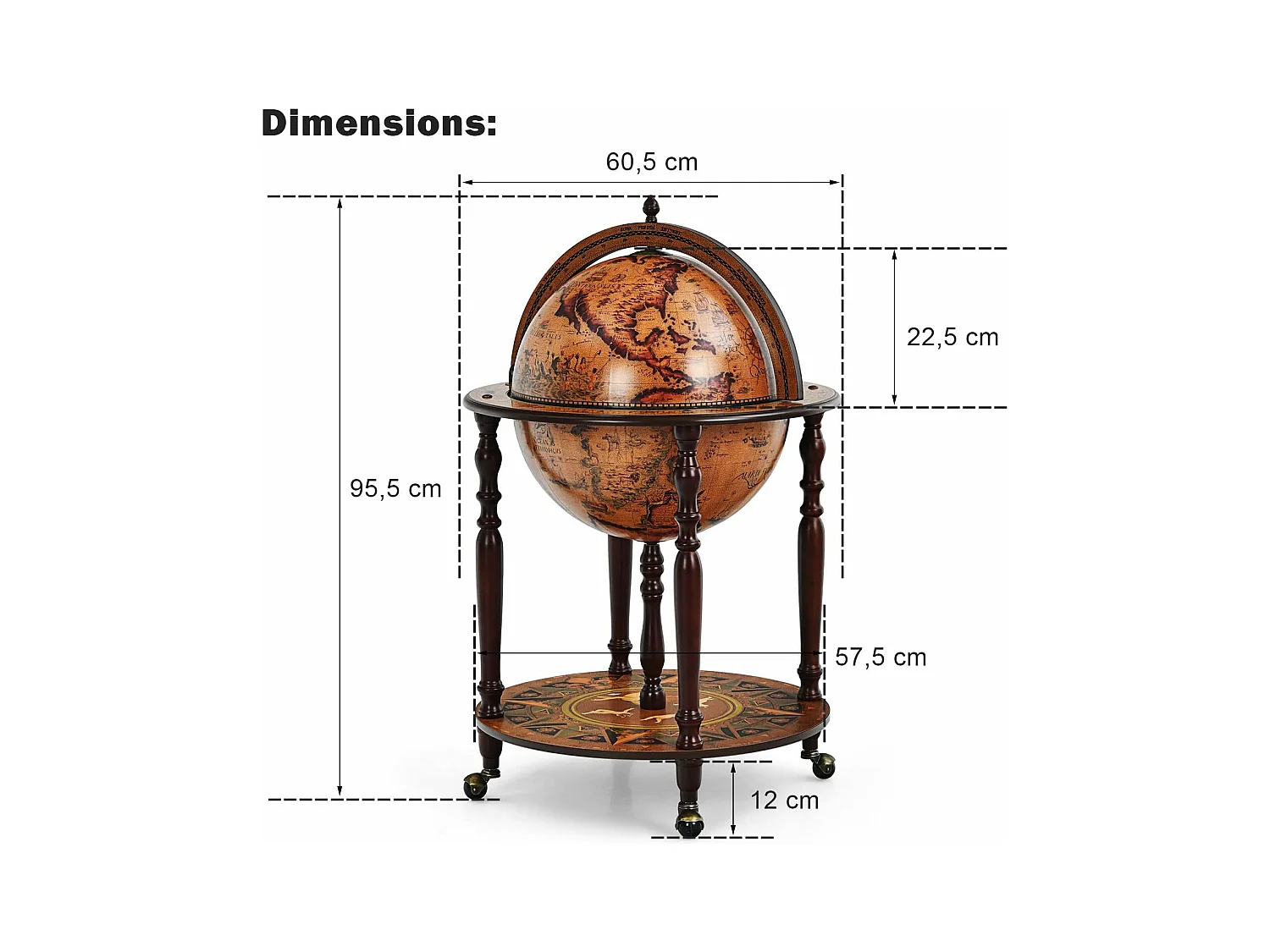 Bar globe cartographie marine du XVIe siècle, Globe Porte-Bouteilles 45cm Mobile en Bois avec 4 roulettes et Style Rétro, Marron