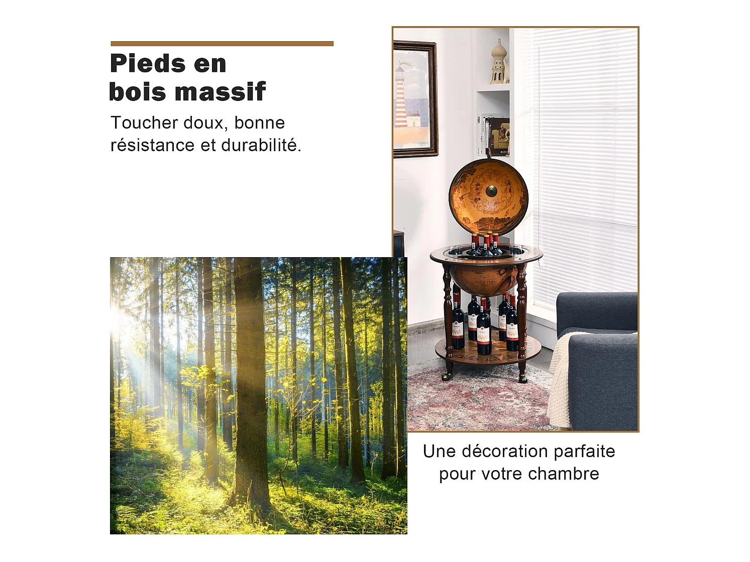 Bar globe cartographie marine du XVIe siècle, Globe Porte-Bouteilles 45cm Mobile en Bois avec 4 roulettes et Style Rétro, Marron