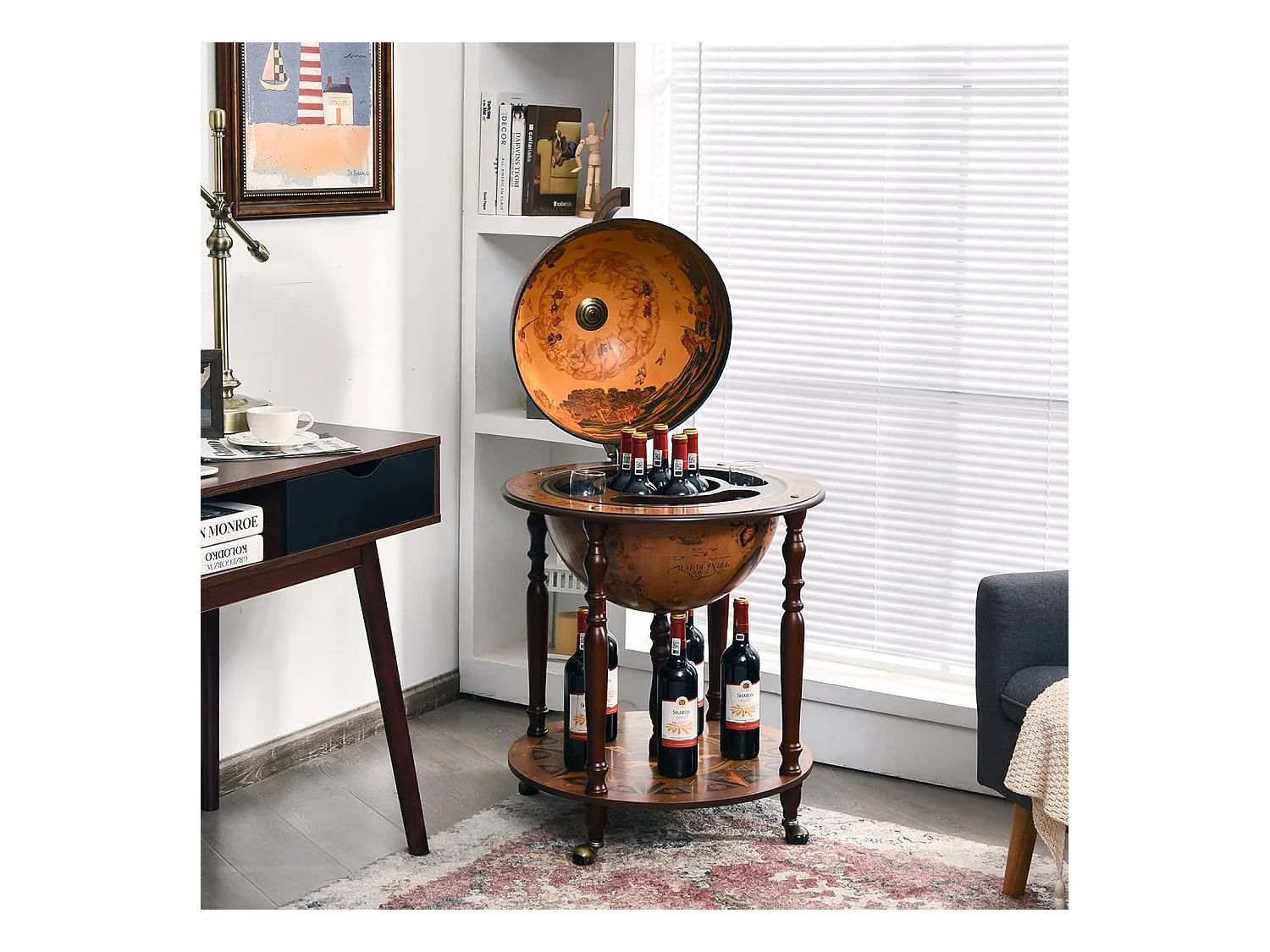 Bar globe cartographie marine du XVIe siècle, Globe Porte-Bouteilles 45cm Mobile en Bois avec 4 roulettes et Style Rétro, Marron