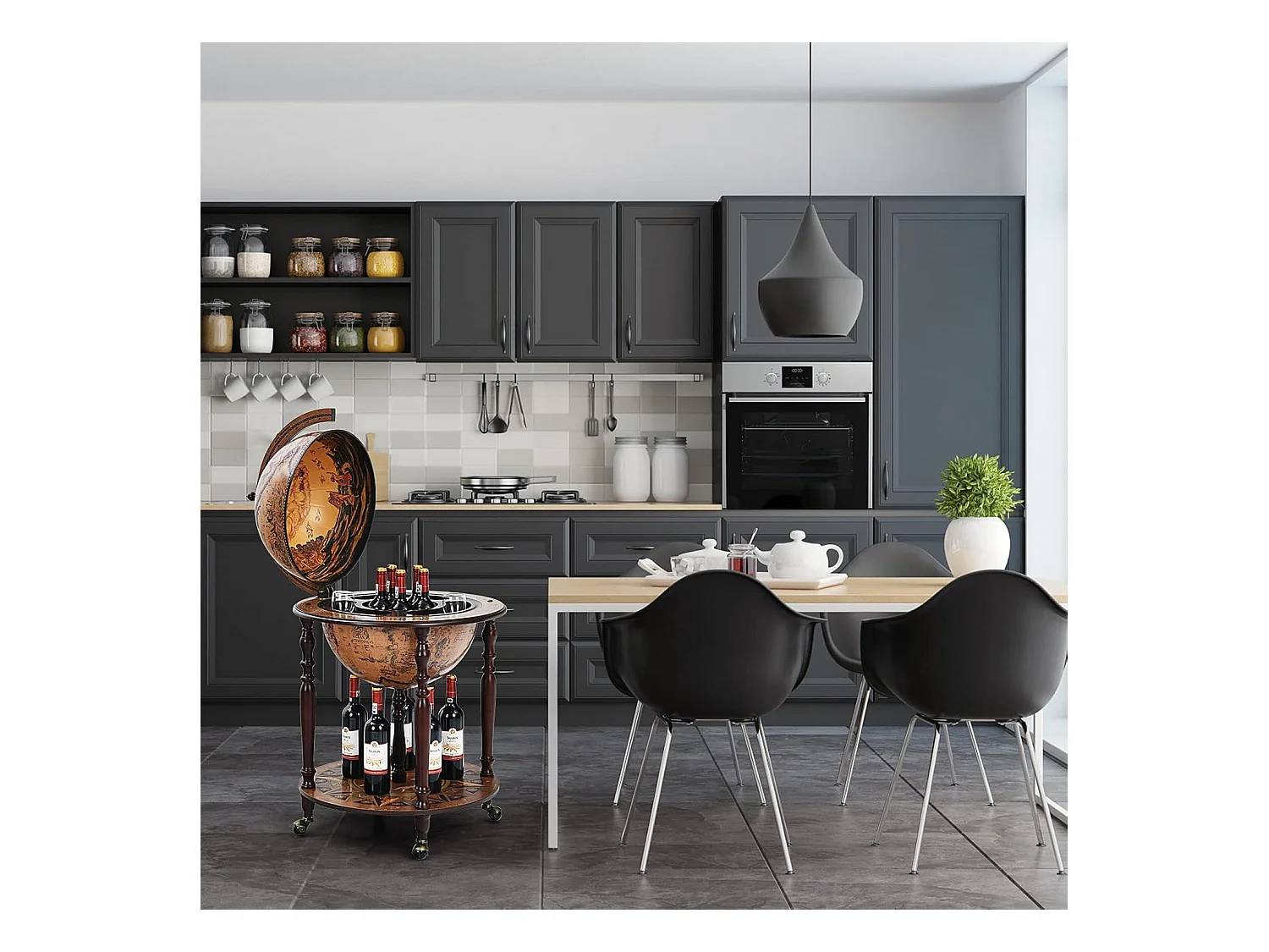 Bar globe cartographie marine du XVIe siècle, Globe Porte-Bouteilles 45cm Mobile en Bois avec 4 roulettes et Style Rétro, Marron