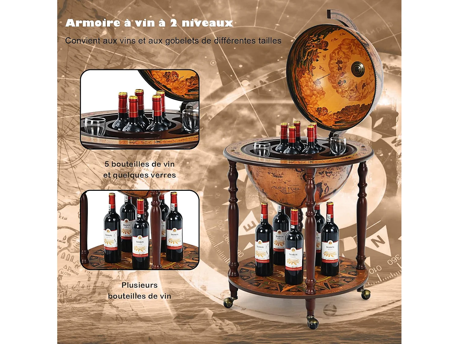 Bar globe cartographie marine du XVIe siècle, Globe Porte-Bouteilles 45cm Mobile en Bois avec 4 roulettes et Style Rétro, Marron