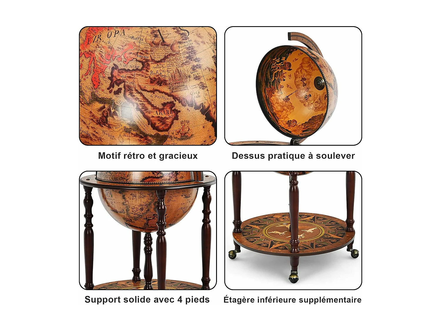 Bar globe cartographie marine du XVIe siècle, Globe Porte-Bouteilles 45cm Mobile en Bois avec 4 roulettes et Style Rétro, Marron