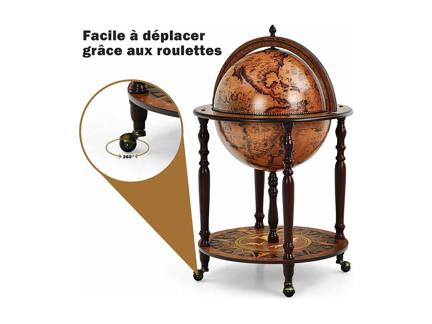 Bar globe cartographie marine du XVIe siècle, Globe Porte-Bouteilles 45cm Mobile en Bois avec 4 roulettes et Style Rétro, Marron