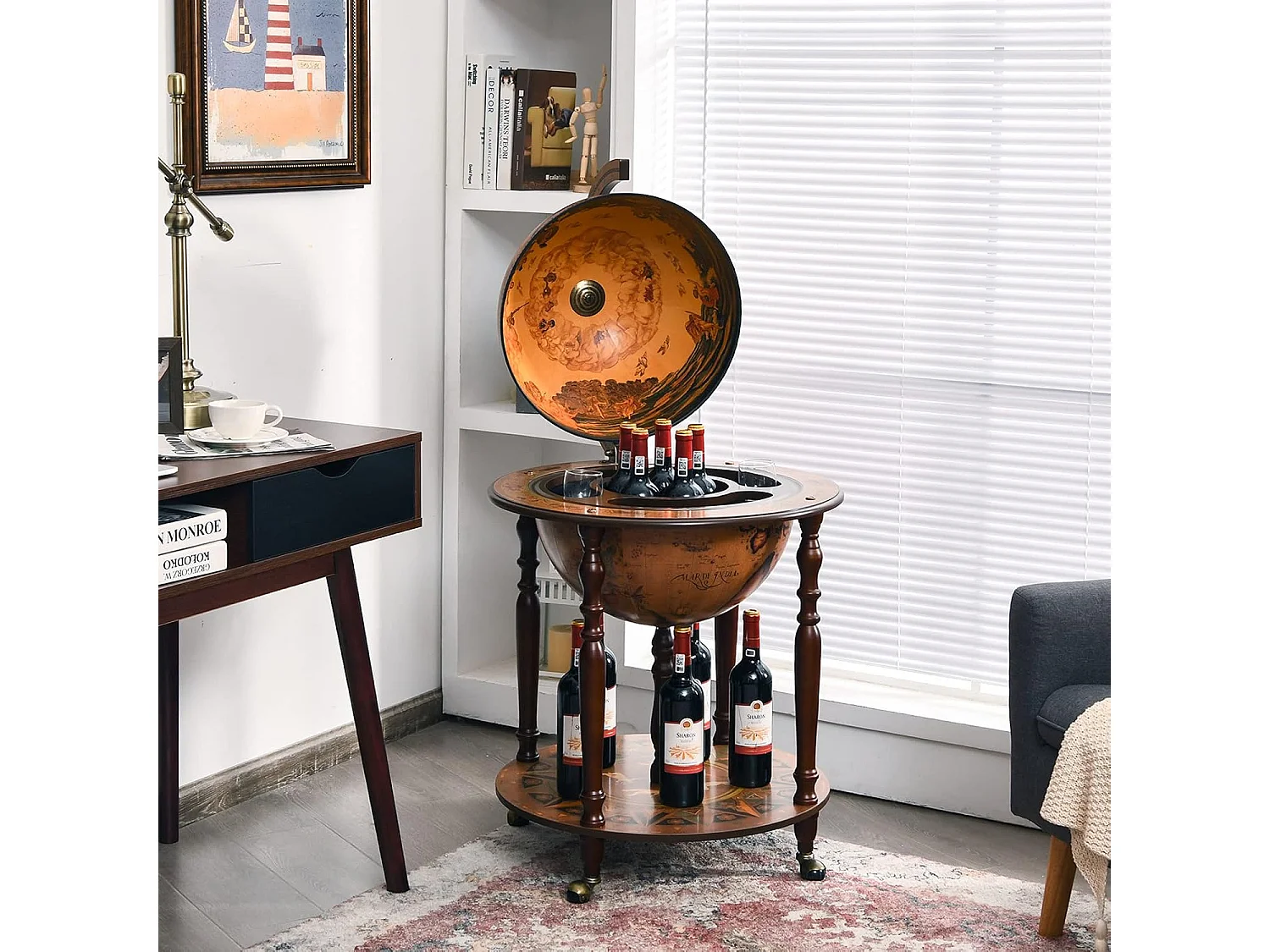 Bar globe cartographie marine du XVIe siècle, Globe Porte-Bouteilles 45cm Mobile en Bois avec 4 roulettes et Style Rétro, Marron