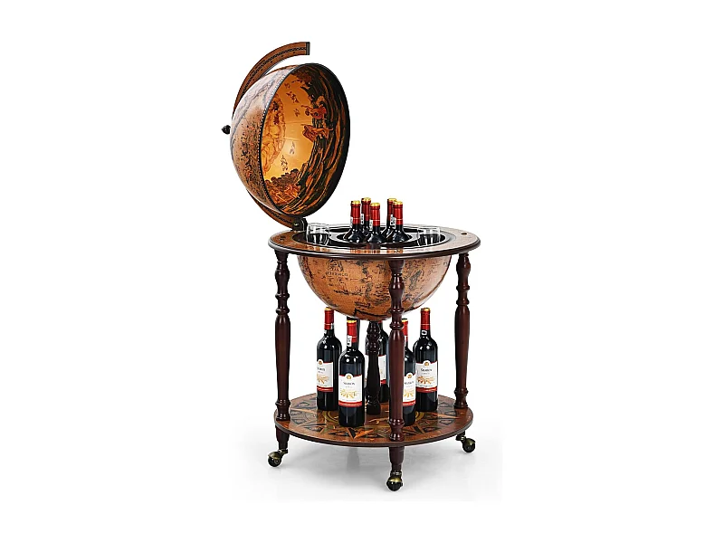 Bar globe cartographie marine du XVIe siècle, Globe Porte-Bouteilles 45cm Mobile en Bois avec 4 roulettes et Style Rétro, Marron