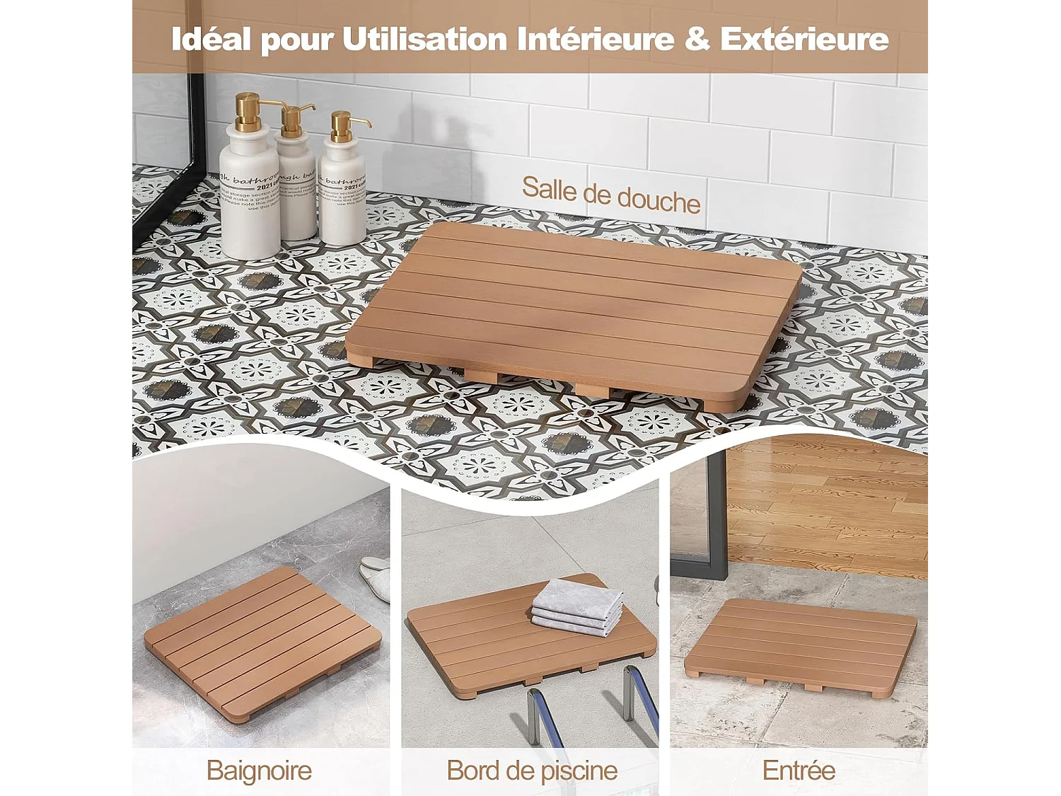 Caillebotis de douche, en hips anti-moisissures et antidérapant,  (48 x 60 cm, marron)