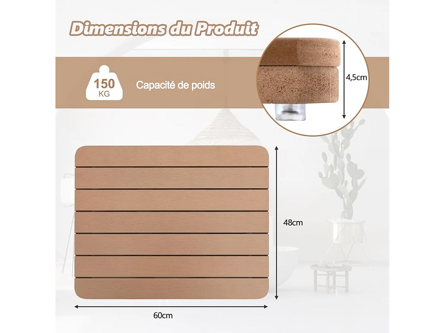 Caillebotis de douche, en hips anti-moisissures et antidérapant,  (48 x 60 cm, marron)