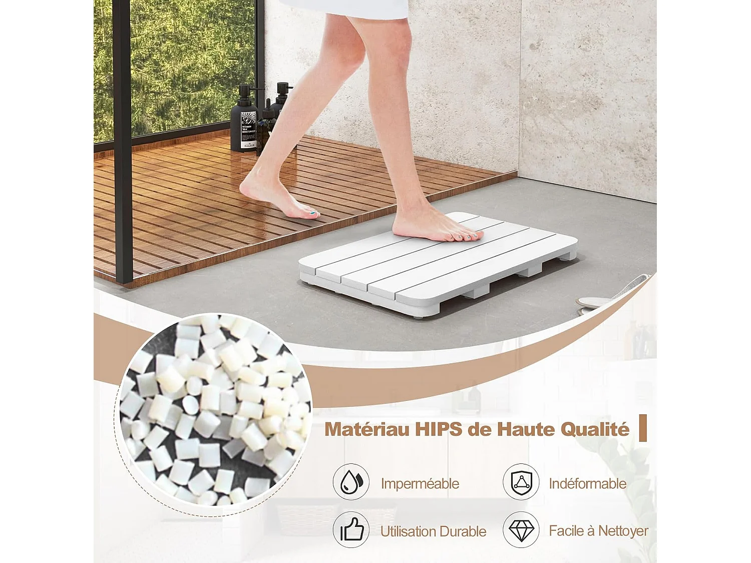 Caillebotis de douche, en hips anti-moisissures et antidérapant,  (34 x 55 cm, blanc)