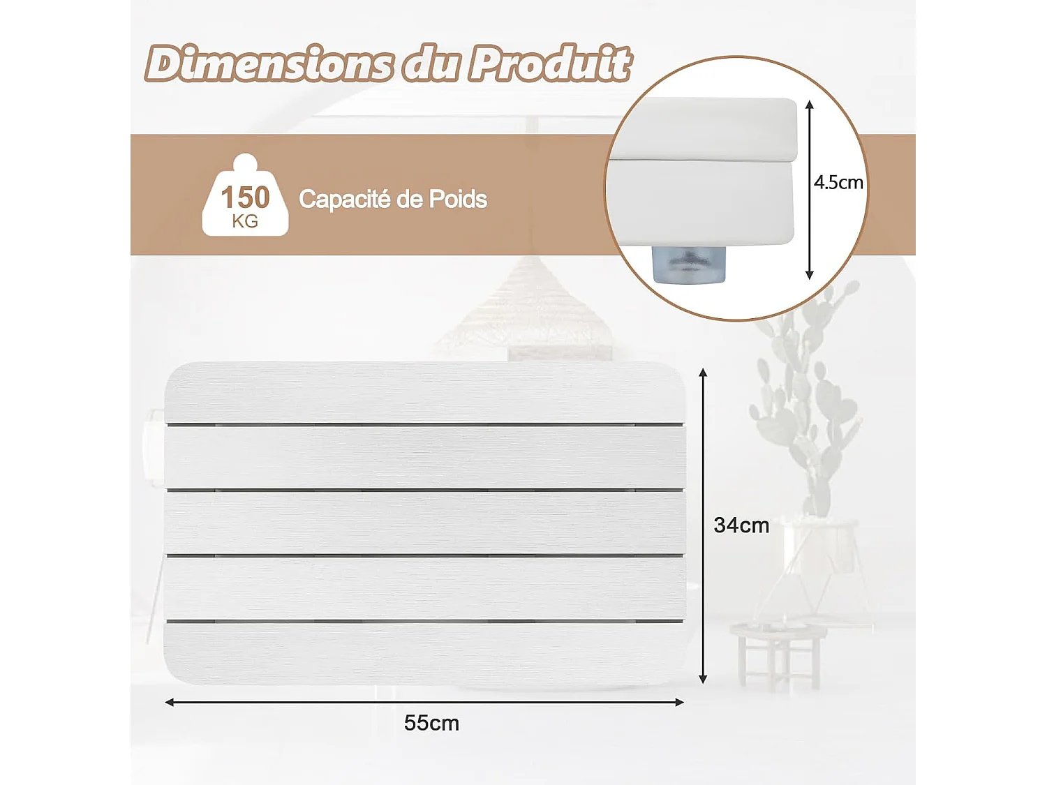 Caillebotis de douche, en hips anti-moisissures et antidérapant,  (34 x 55 cm, blanc)