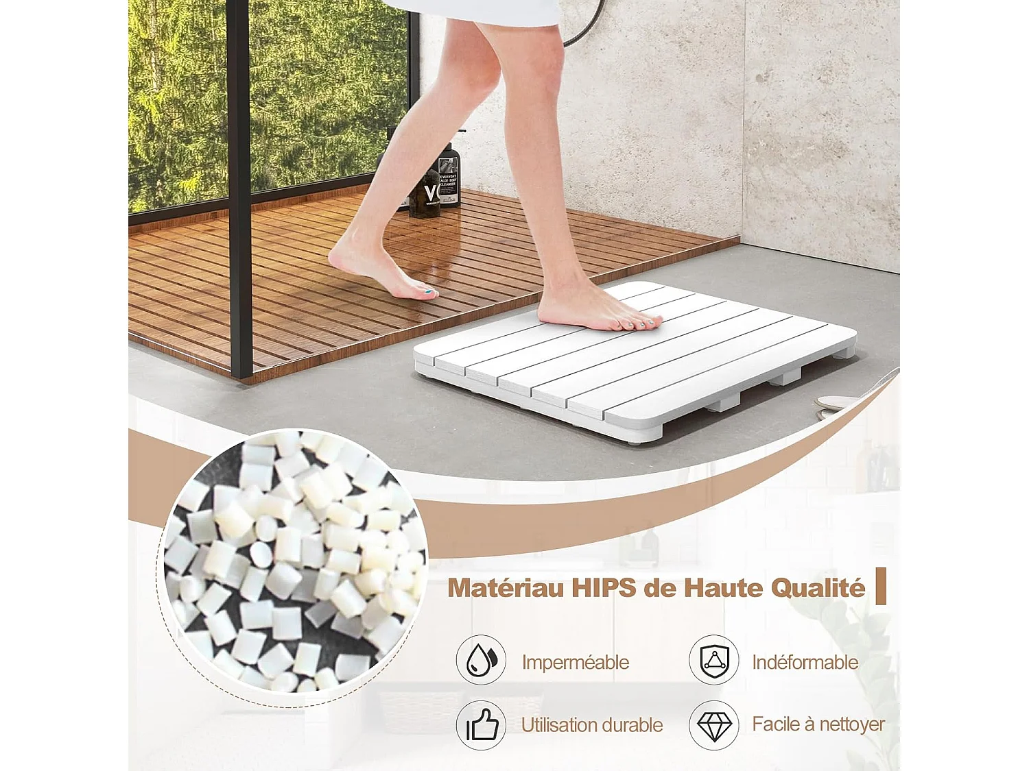 Caillebotis de Douche, Tapis de Bain en HIPS Anti-moisissures et Antidérapant, pour Douche, Baignoire, Bord de Piscine, Patio, Intérieur ou Extérieur (34 x 55 cm, Blanc)