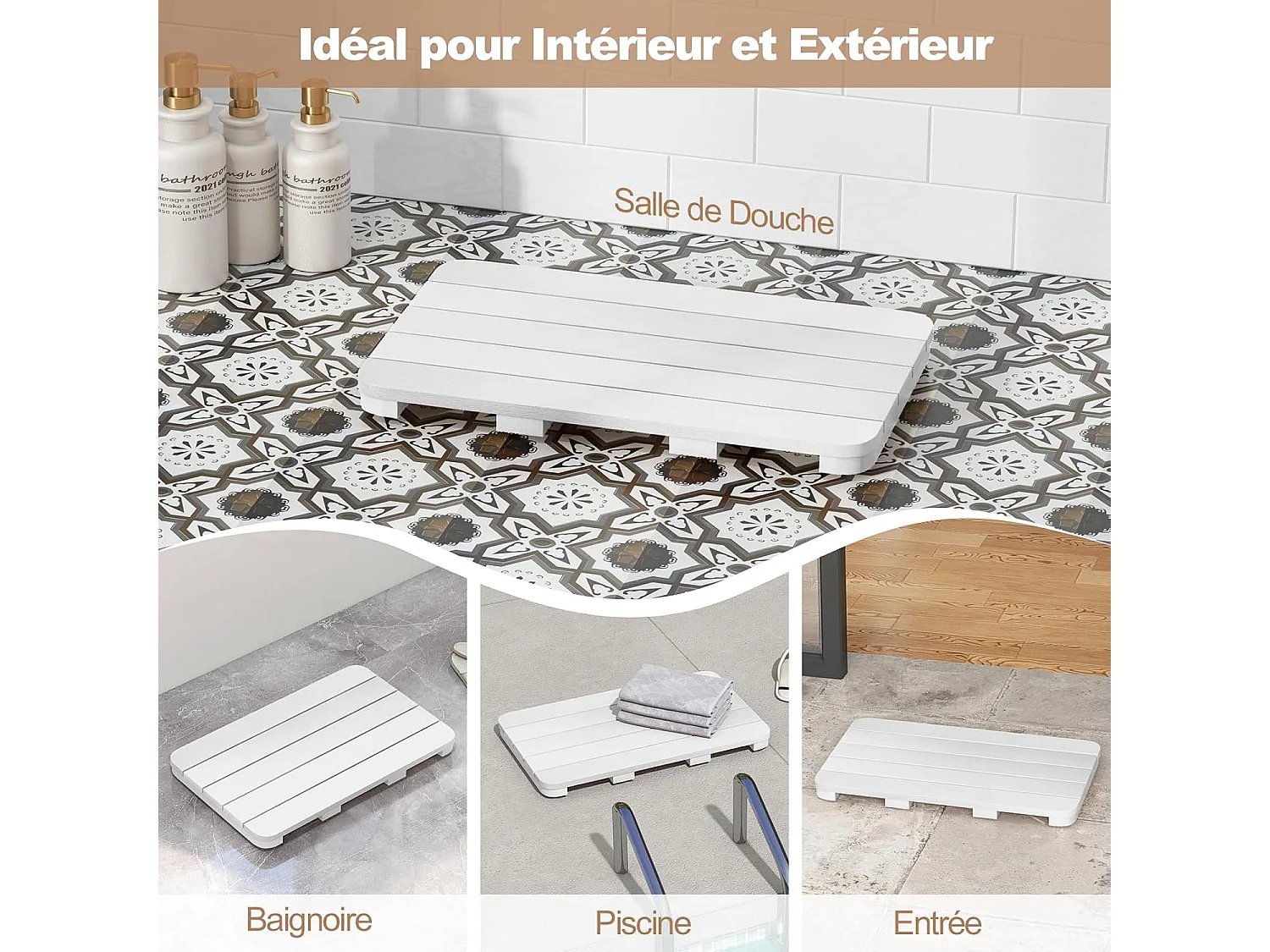 Caillebotis de Douche, Tapis de Bain en HIPS Anti-moisissures et Antidérapant, pour Douche, Baignoire, Bord de Piscine, Patio, Intérieur ou Extérieur (34 x 55 cm, Blanc)