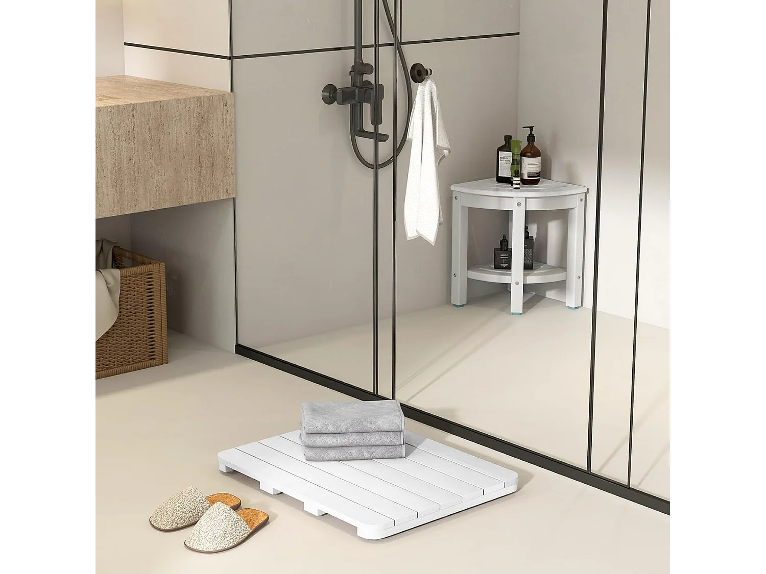 Caillebotis de Douche, Tapis de Bain en HIPS Anti-moisissures et Antidérapant, pour Douche, Baignoire, Bord de Piscine, Patio, Intérieur ou Extérieur (34 x 55 cm, Blanc)