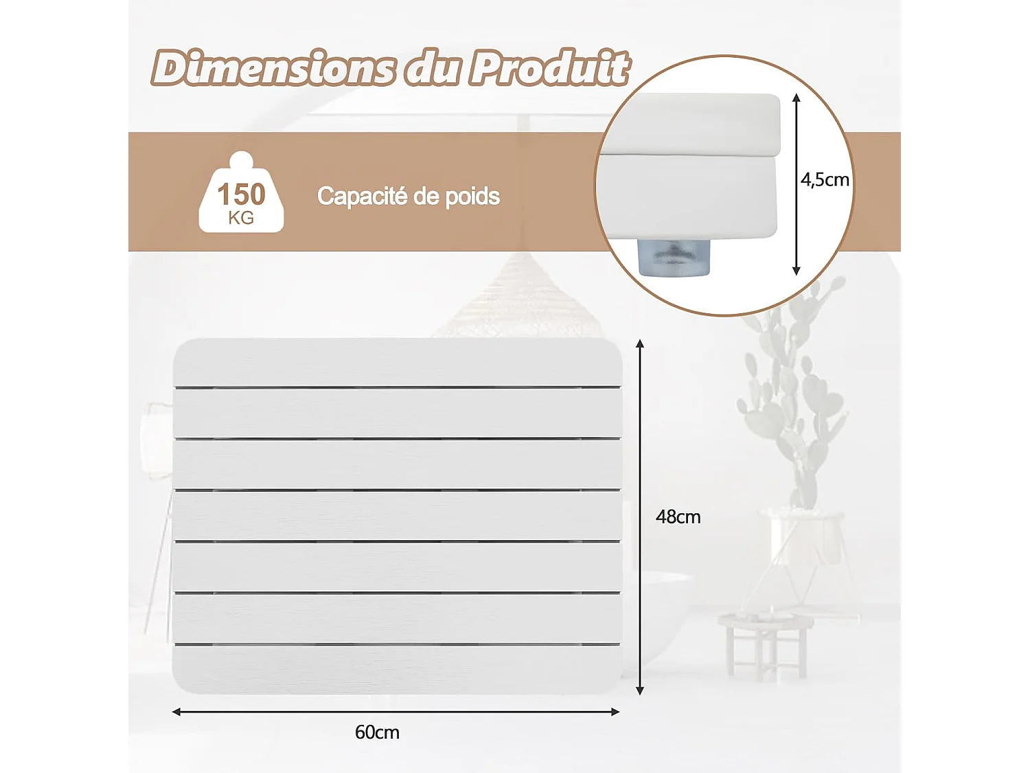 Caillebotis de Douche, Tapis de Bain en HIPS Anti-moisissures et Antidérapant, pour Douche, Baignoire, Bord de Piscine, Patio, Intérieur ou Extérieur (34 x 55 cm, Blanc)