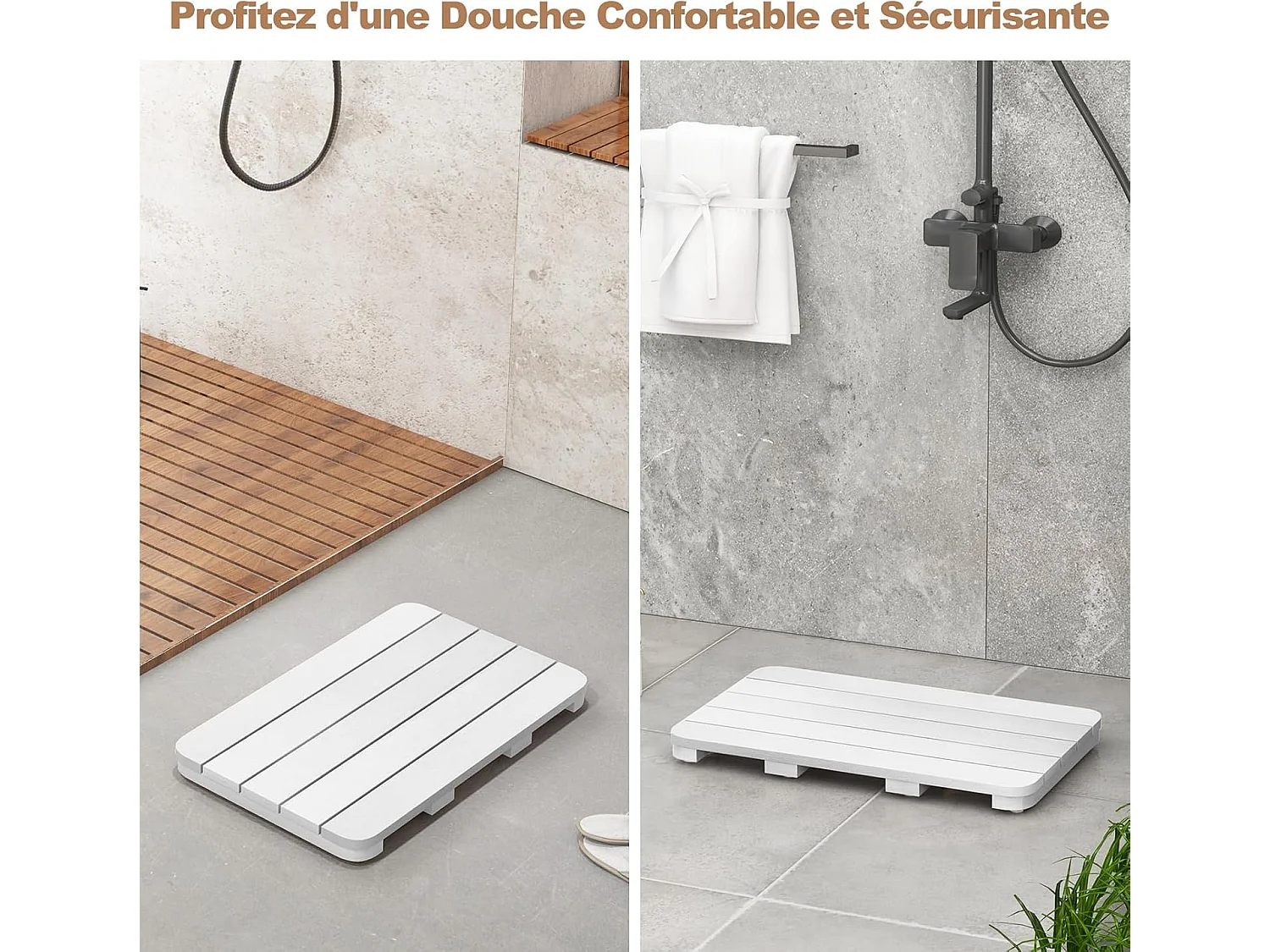 Caillebotis de Douche, Tapis de Bain en HIPS Anti-moisissures et Antidérapant, pour Douche, Baignoire, Bord de Piscine, Patio, Intérieur ou Extérieur (34 x 55 cm, Blanc)