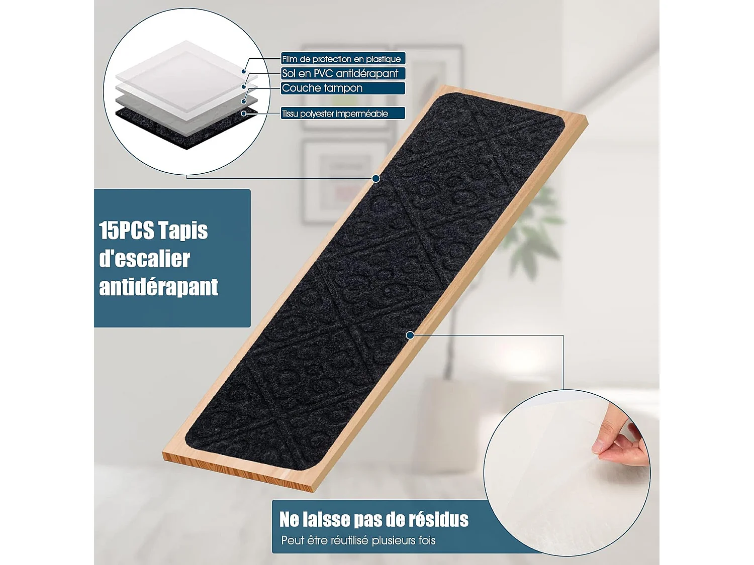 Lot de 15 marchettes d'escalier antidérapant 20 x 76 cm, sécurité pour enfants (gris)