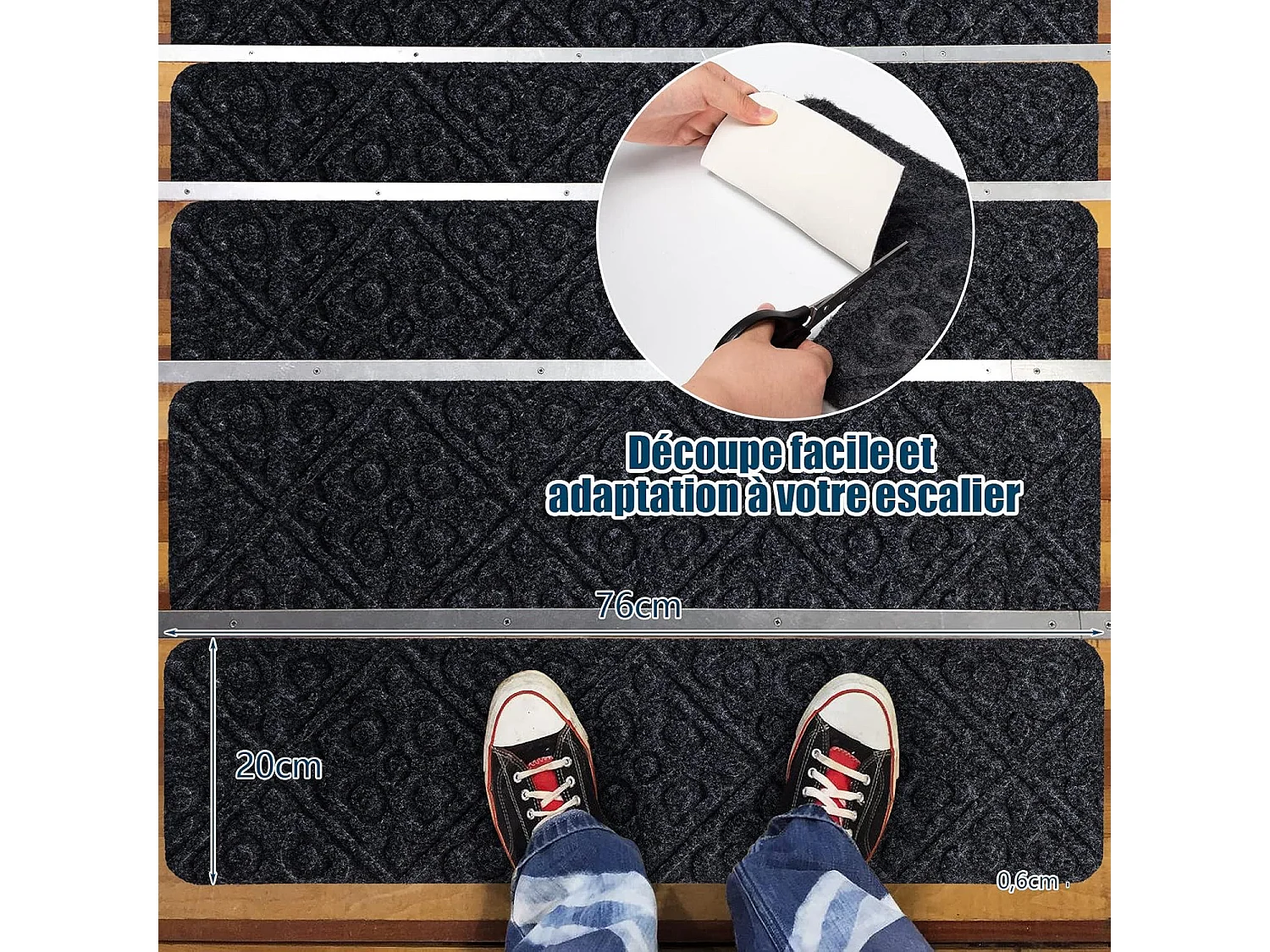 Lot de 15 marchettes d'escalier antidérapant 20 x 76 cm, sécurité pour enfants (gris)