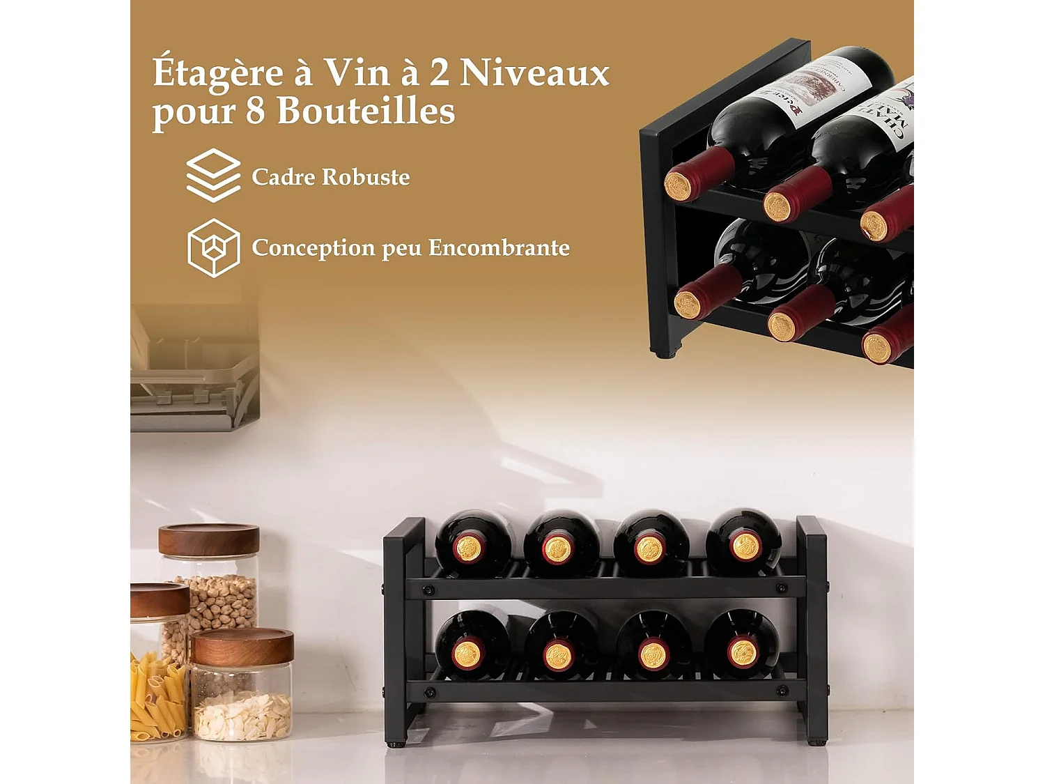 Étagère à vin à 2 niveaux pour 8 bouteilles, surface antirouille, casier à vin, noir