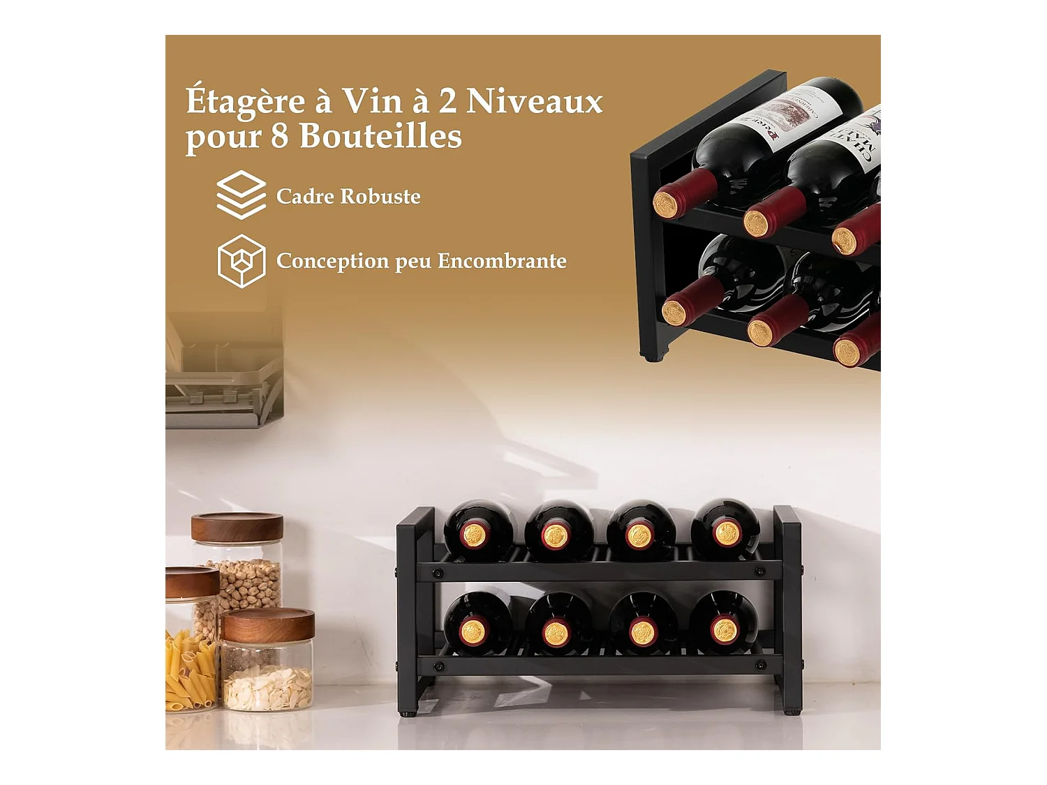 Étagère à vin à 2 niveaux pour 8 bouteilles, surface antirouille, casier à vin, noir