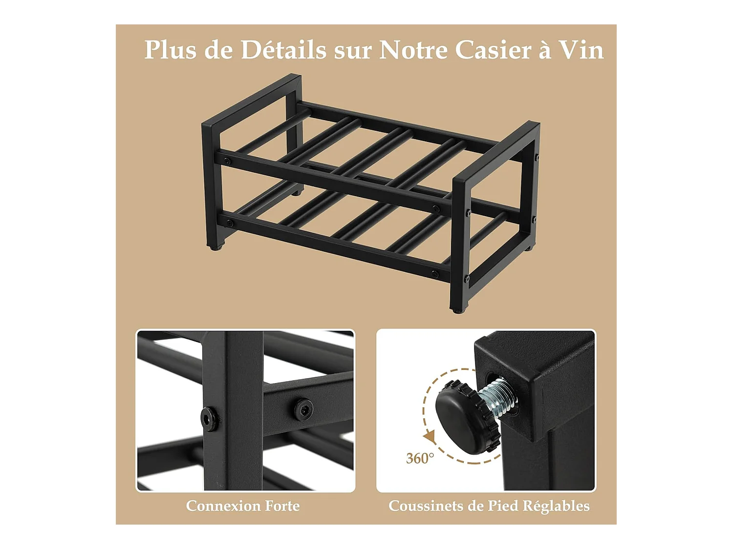 Étagère à vin à 2 niveaux pour 8 bouteilles, surface antirouille, casier à vin, noir