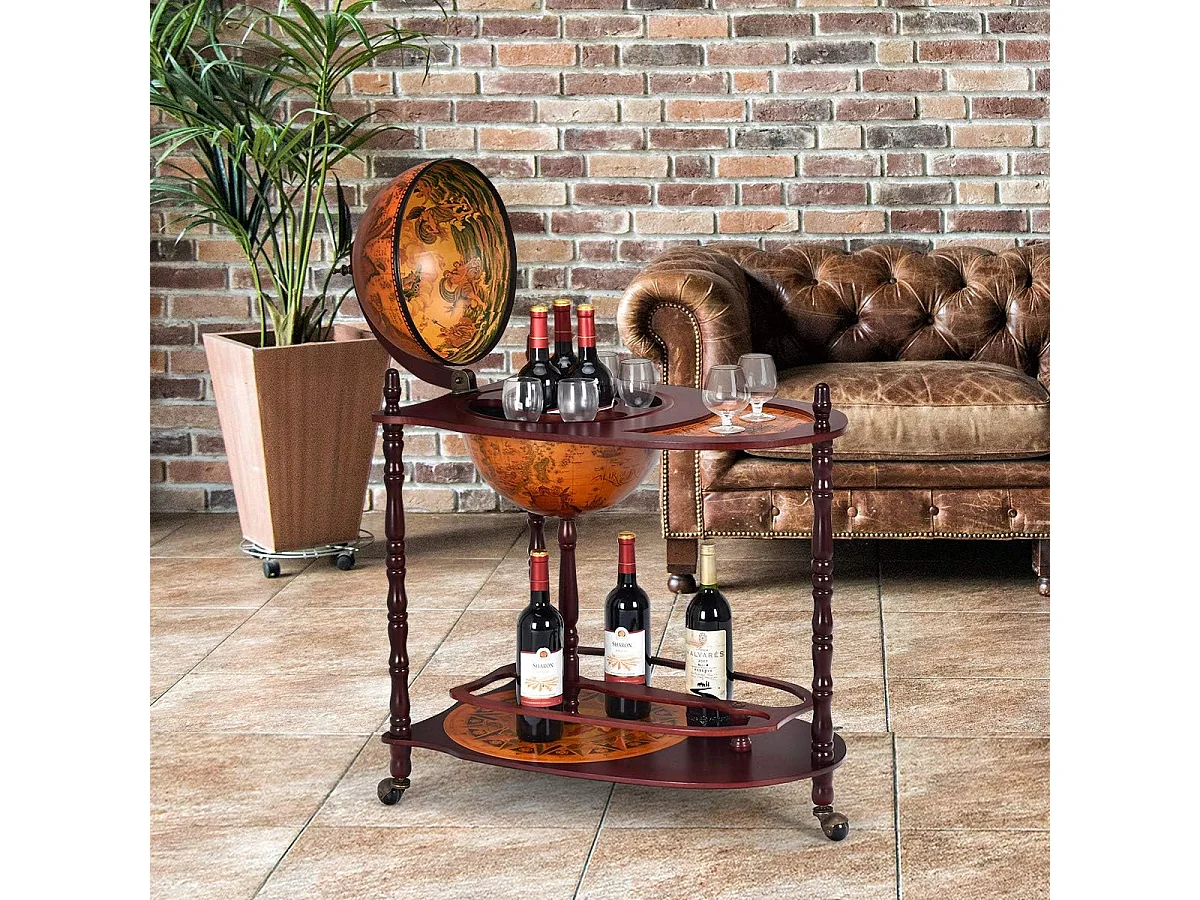 Bar Globe Terrestre Vintage Mappemonde en Bois d'Eucalyptus avec Roulette pour Stocker Bouteilles et Verres Porte-Bouteilles 16e Siècle 70 x 45 x 88 cm